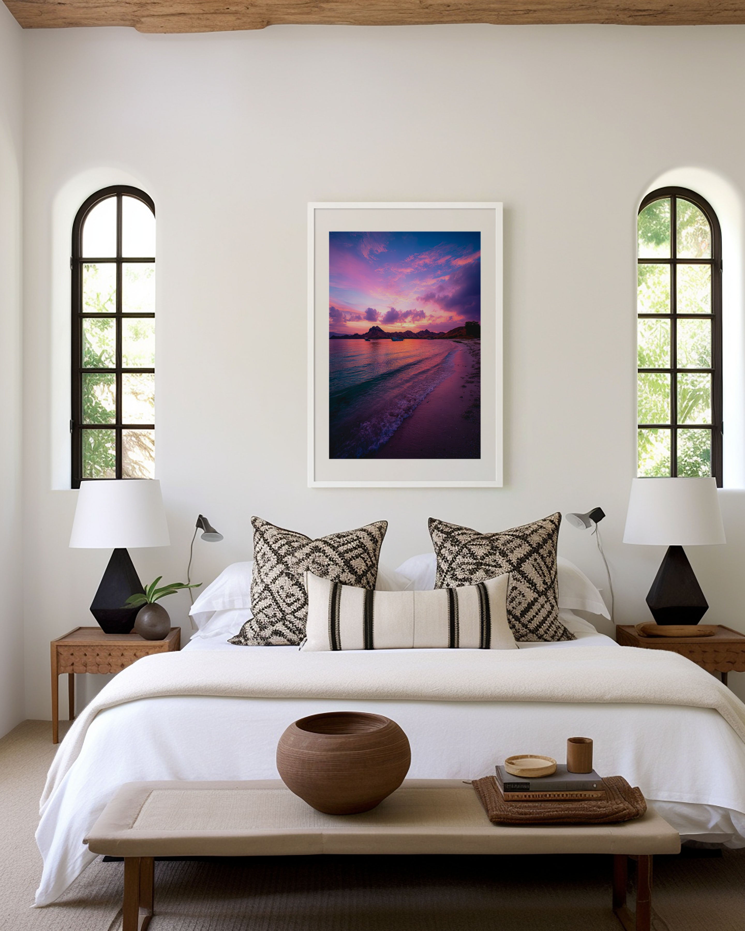 Komodo Island Pink Beach Sunset Volcanic Mountains Wall Art Print | Indonesia Travel Photography Poster | Tropical Coastal Decor