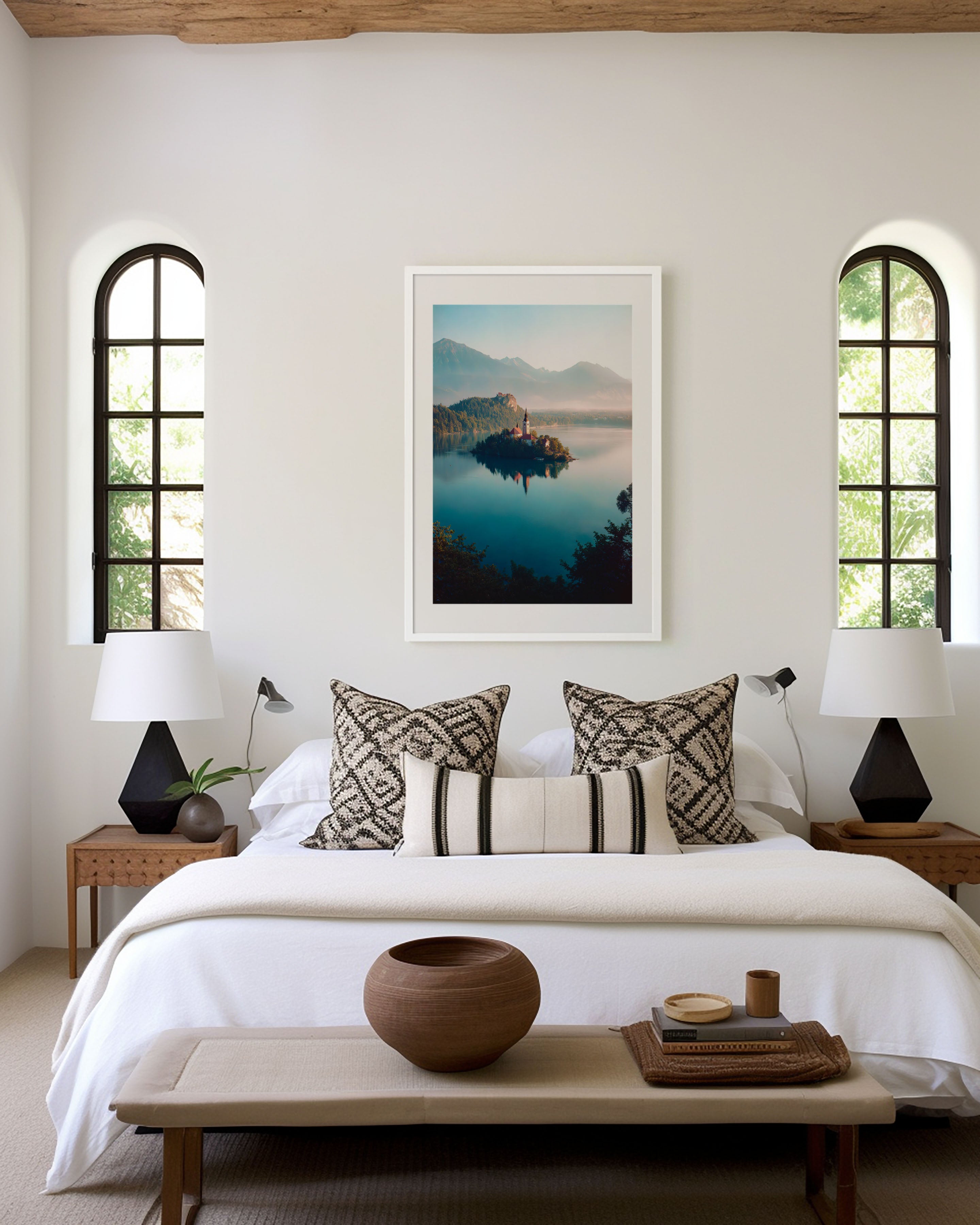 Lake Bled Sunrise Wall Art Print | Slovenia Island Church Alpine Photography | Julian Alps Morning Mist Landscape Poster | European Travel Print | Dreamy Pastel Home Decor