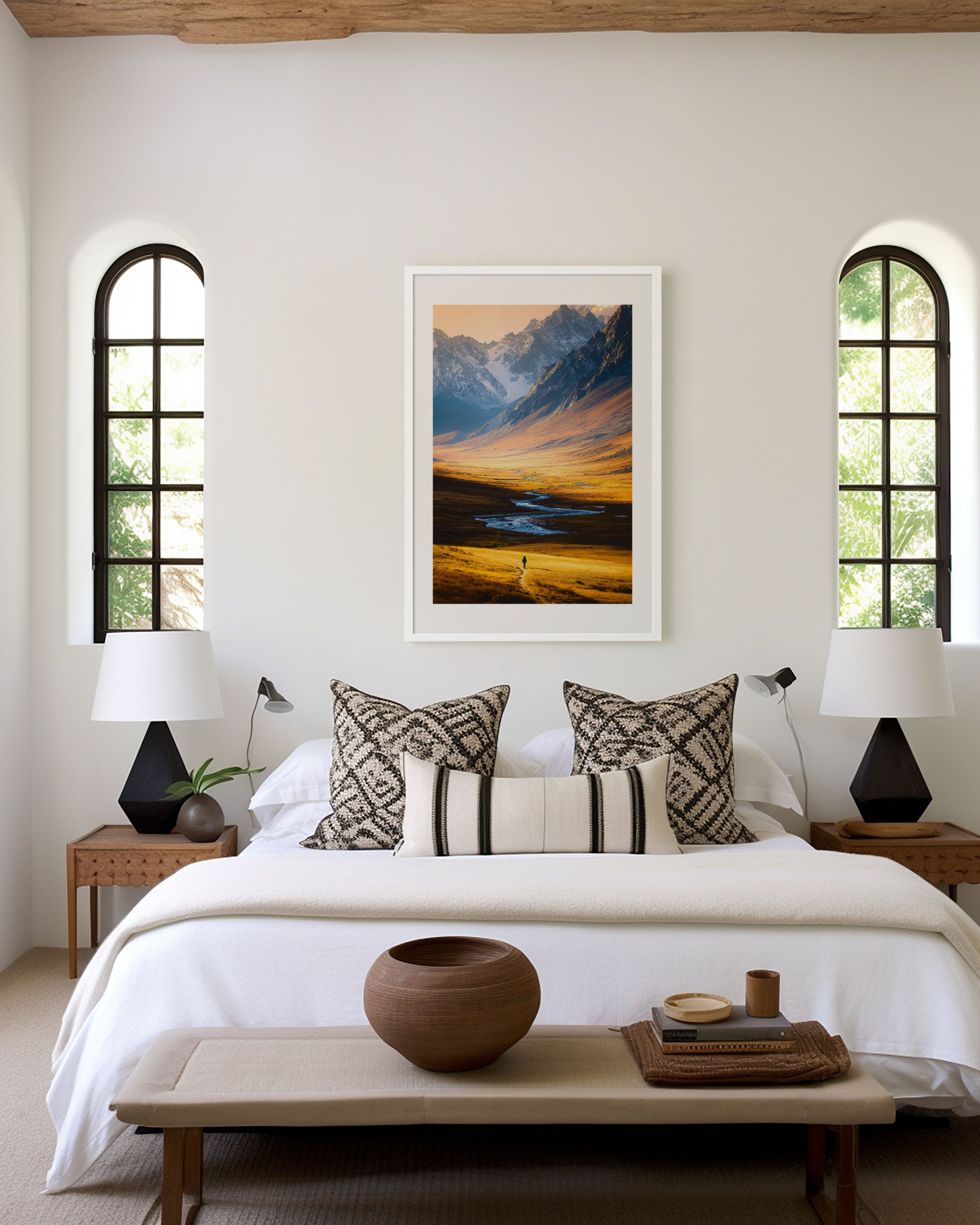 Lone Hiker Golden Valley Wall Art Print | Central Asia Mountain Landscape Photography | Kyrgyzstan Tian Shan Adventure Poster