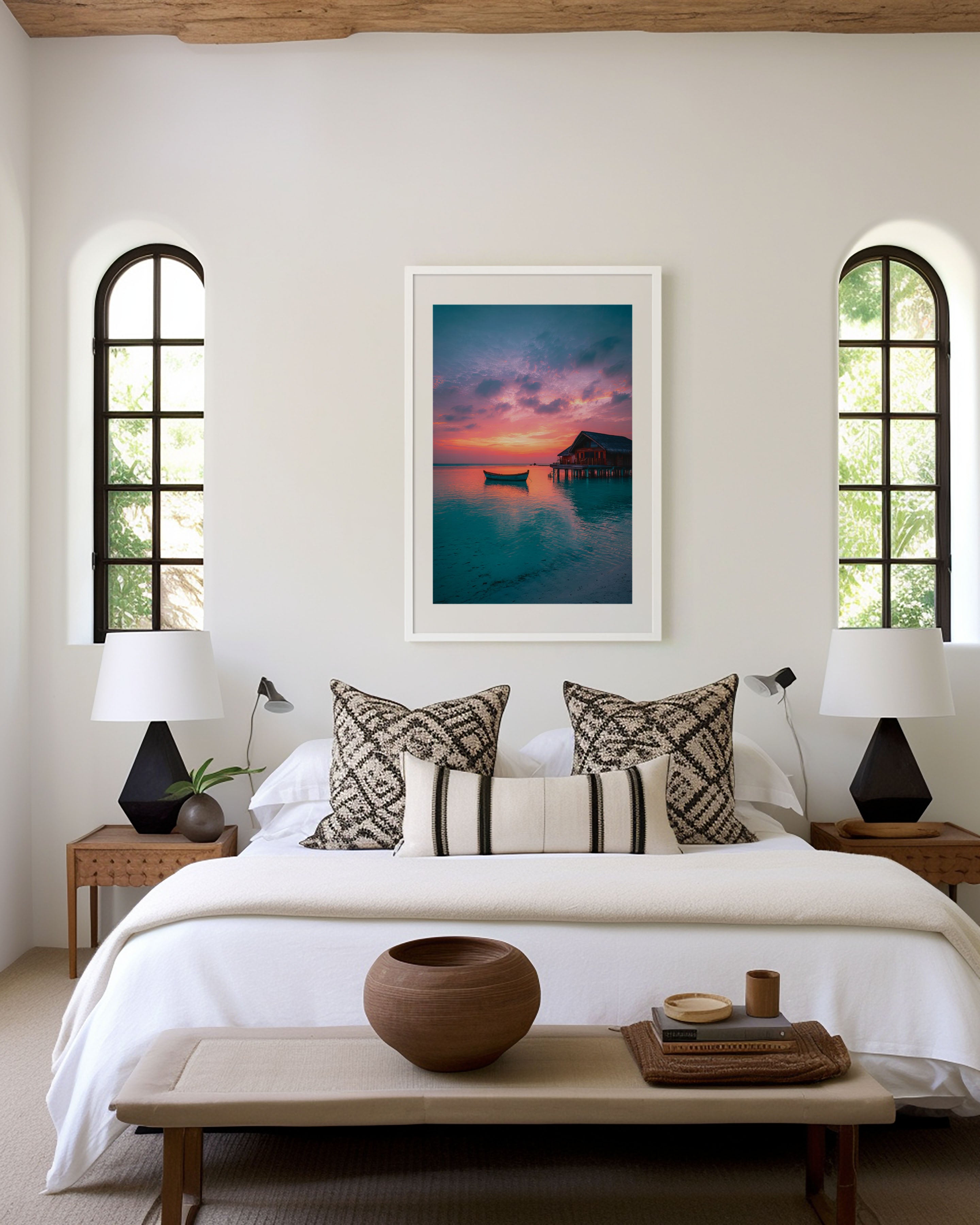 Maldives Overwater Bungalow Sunset Turquoise Lagoon Wooden Boat Wall Art Print | Maldives Travel Photography Poster | Luxury Tropical Decor