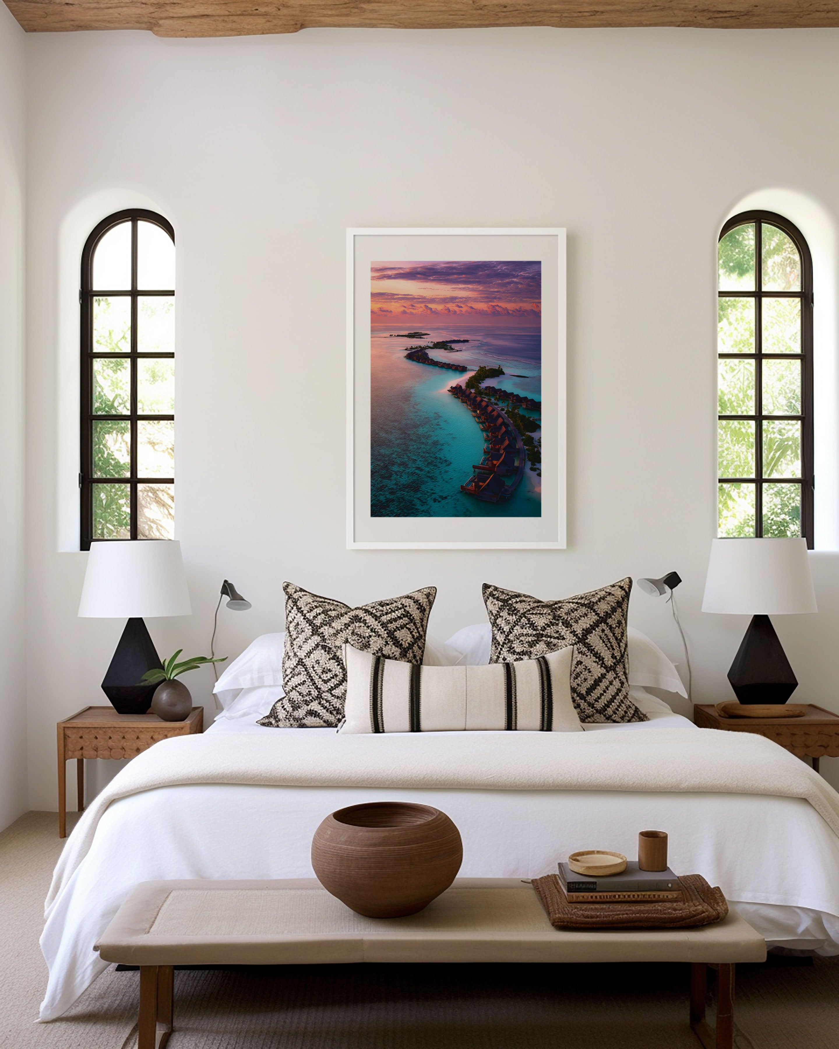 Maldives Turquoise Lagoon Aerial Sunrise Overwater Bungalows Wall Art Print | Maldives Resort Photography Poster | Luxury Island Travel Decor