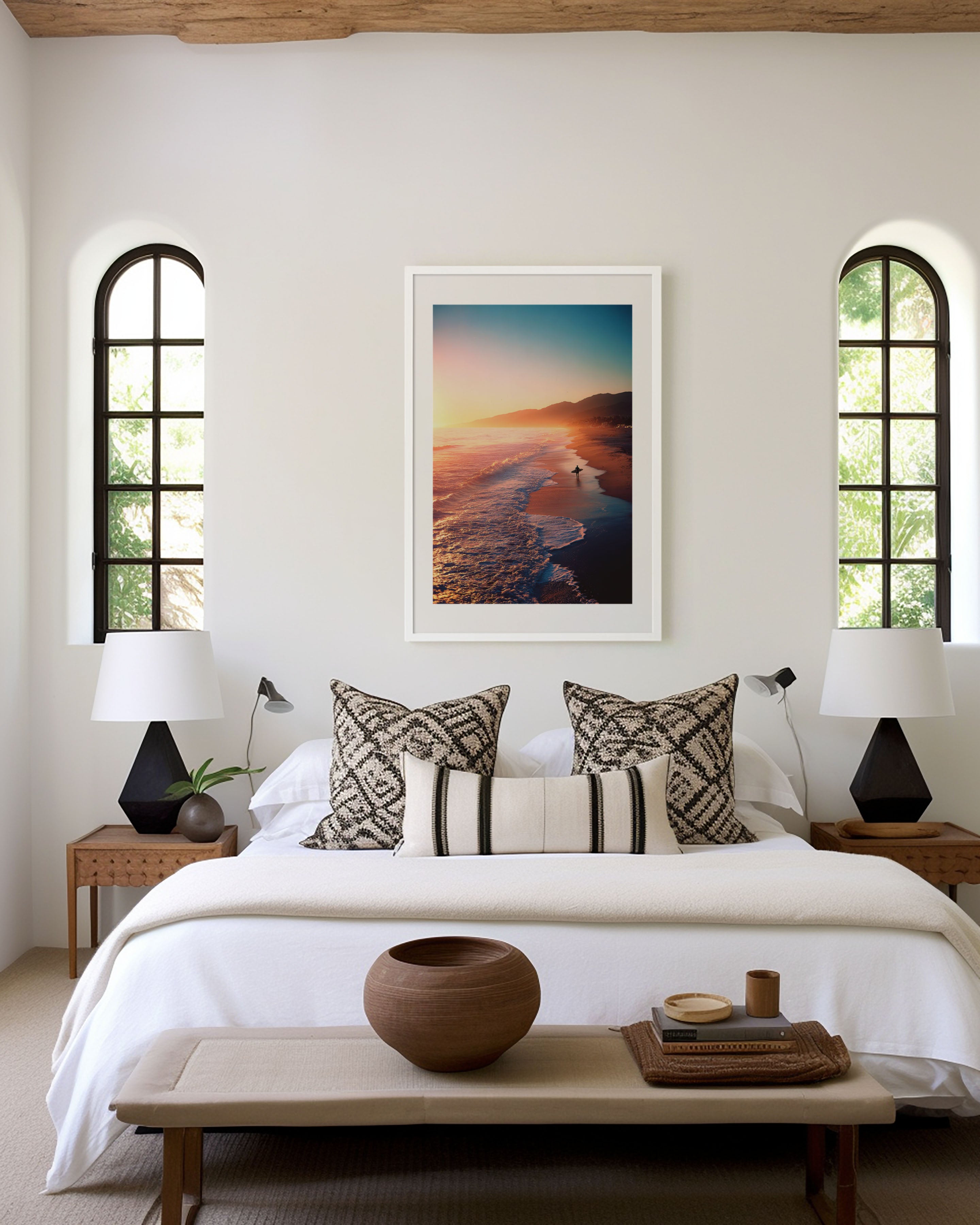 Malibu Sunset Surfer Walking Along Beach Golden Hour California Wall Art Print | Coastal Surf Photography Poster | Beach Nature Decor