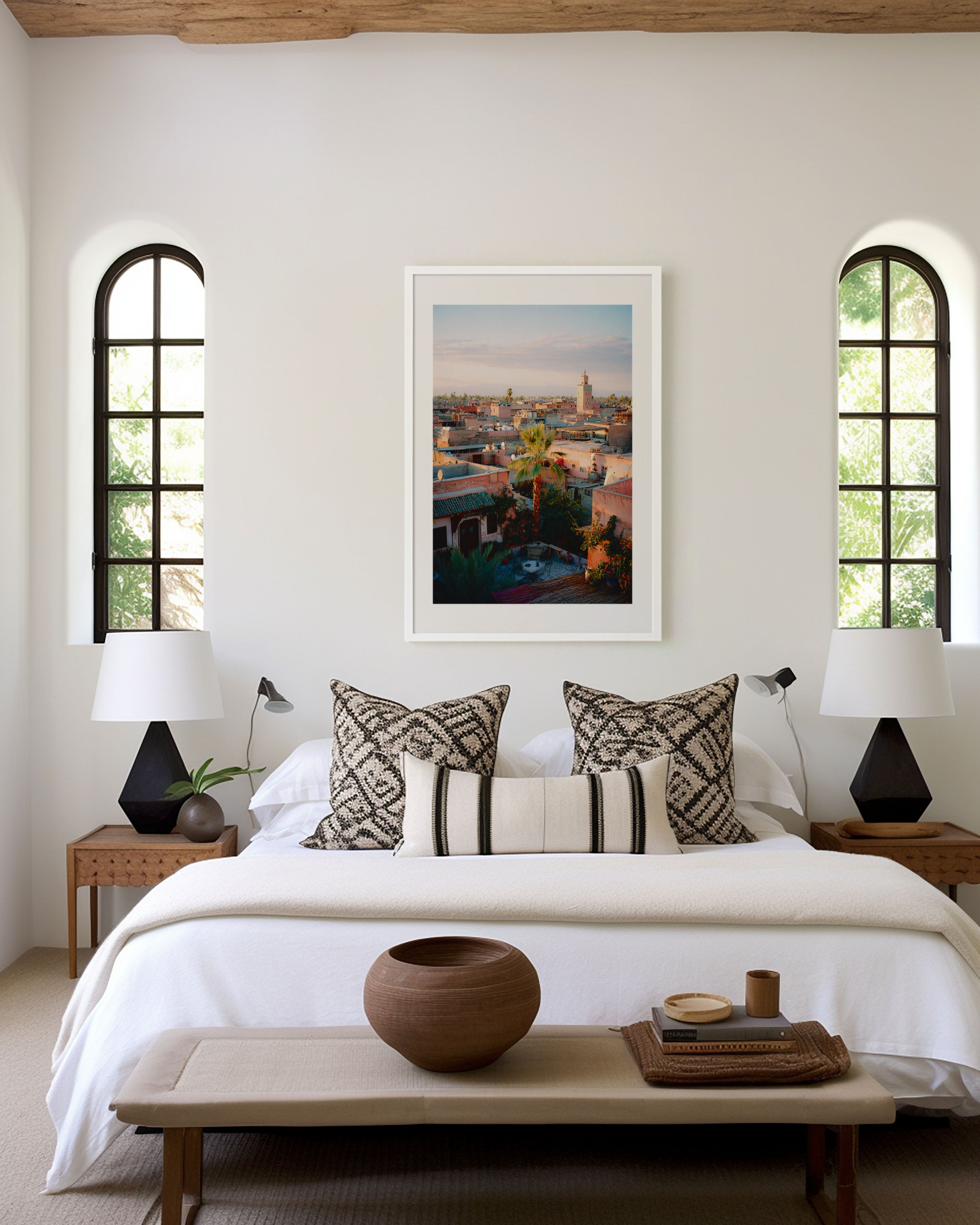 Marrakech Riad Rooftop Wall Art Print | Koutoubia Mosque Sunset Medina Photography | Morocco Travel Poster | Warm Boho Home Decor