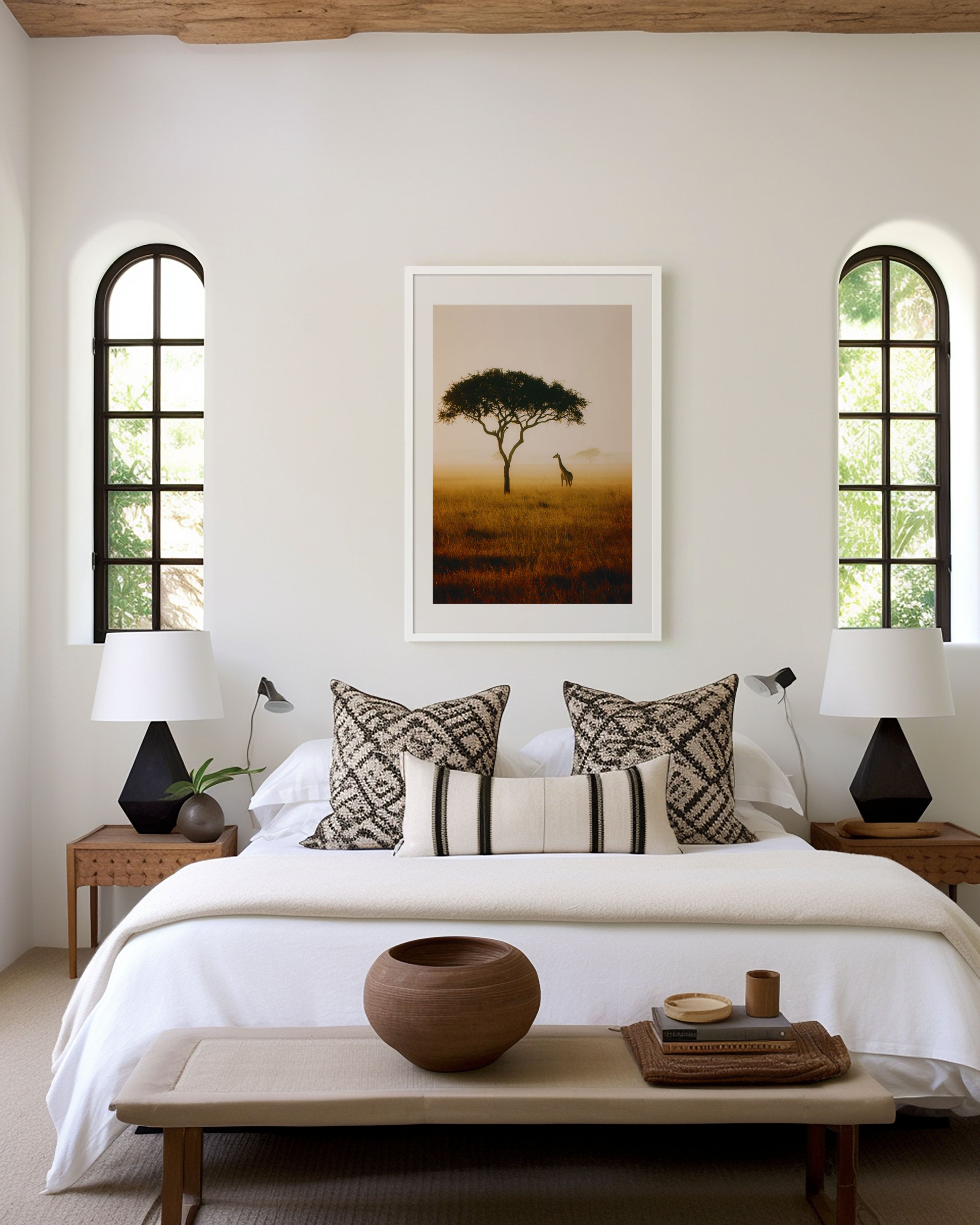 Masai Mara Golden Savannah Lone Giraffe Acacia Tree Misty Morning Wall Art Print | Kenya Africa Wildlife Photography Poster | Safari Nature Decor