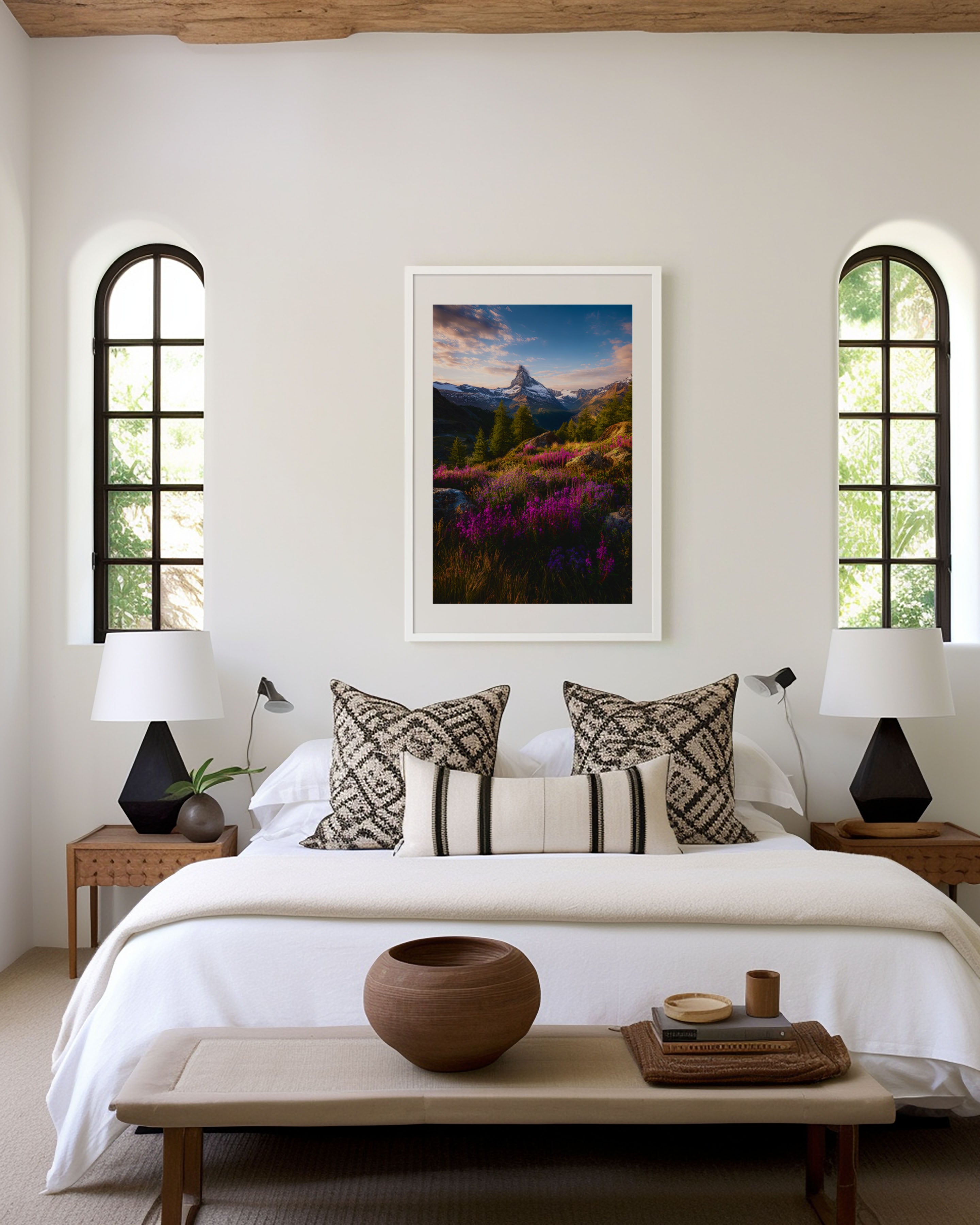Matterhorn Wildflower Meadow Wall Art Print | Zermatt Switzerland Photography | Alpine Flowers Purple Heather Sunset Poster
