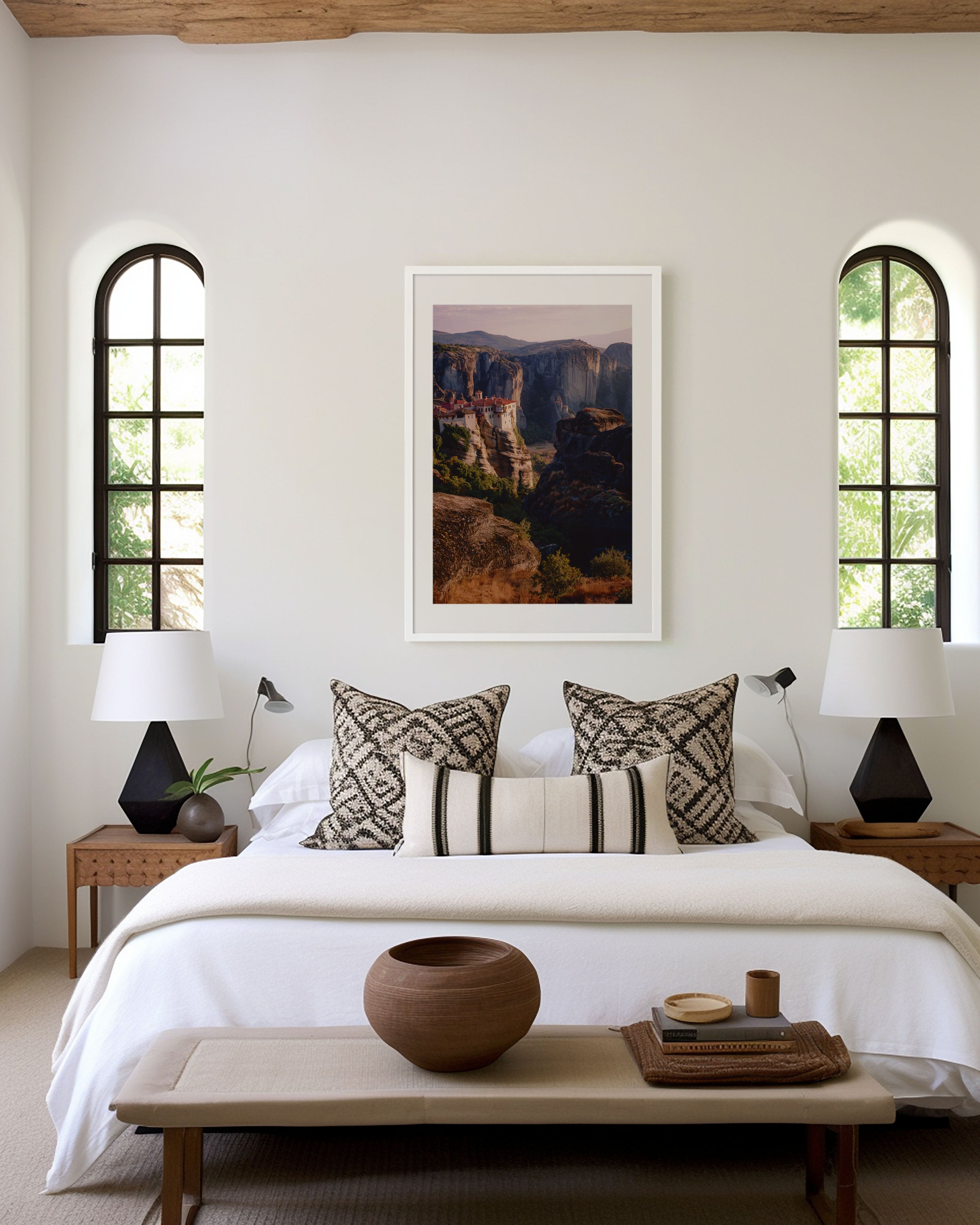 Meteora Monastery Dusk Wall Art Print | Greece Roussanou Rock Pillar Twilight Photography | Greek Travel Poster | Romantic Spiritual Home Decor