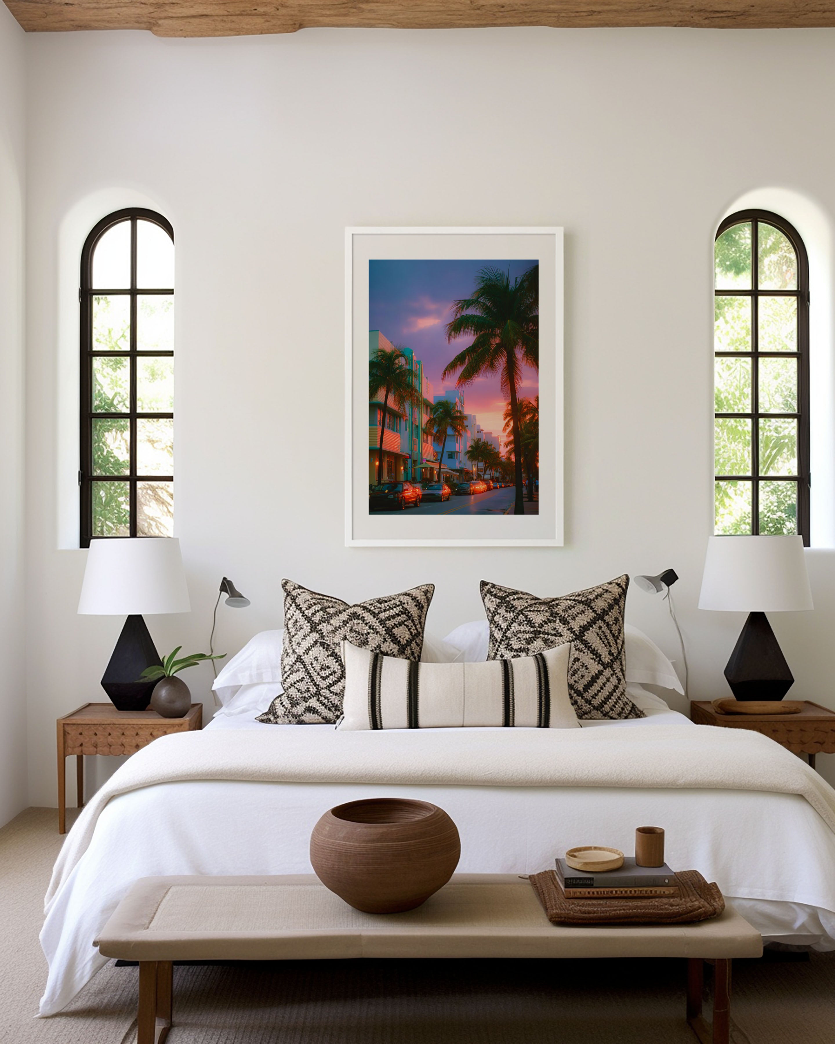 Miami Ocean Drive Sunset Palm Street Wall Art | Art Deco Coastal Print