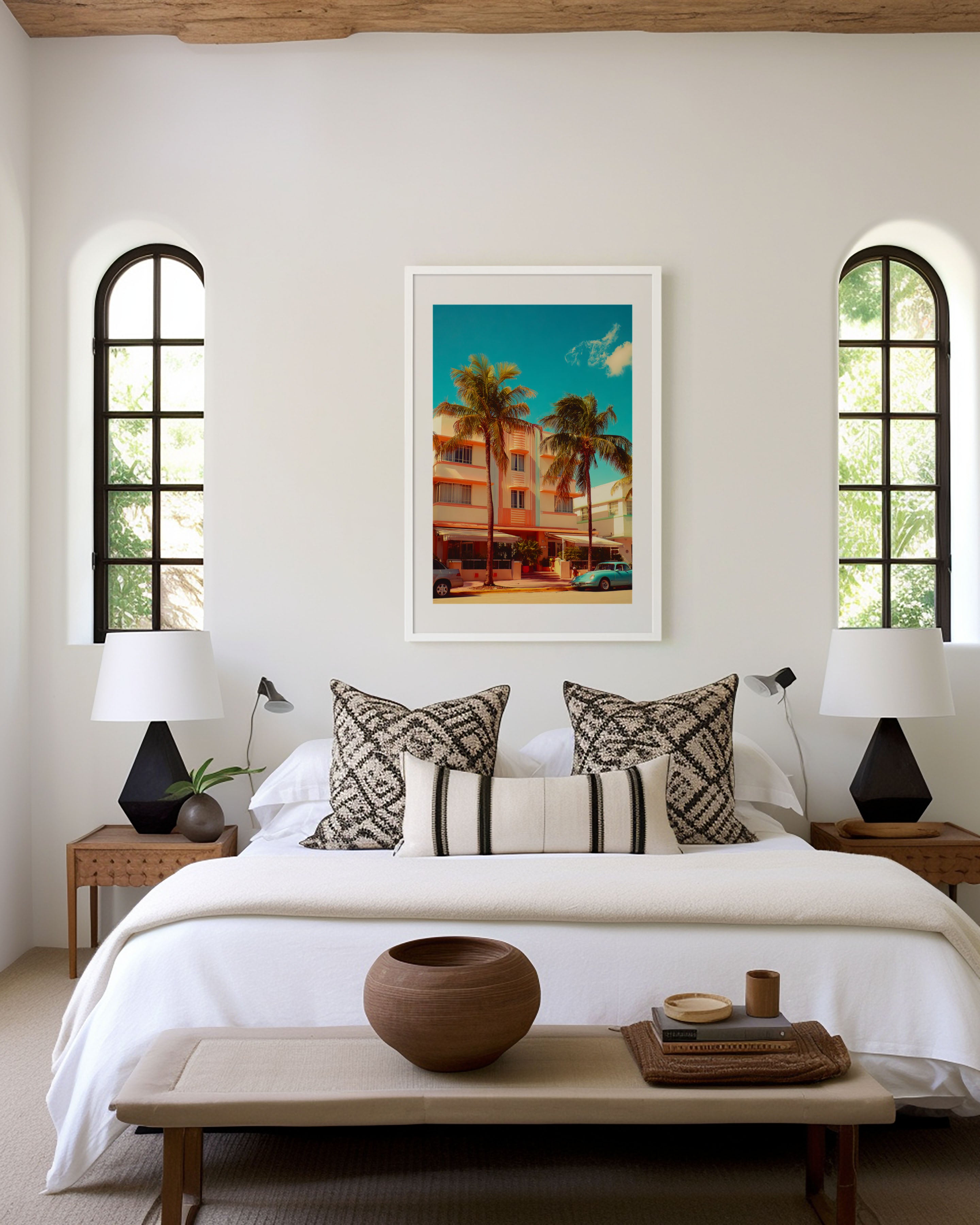 Miami Beach Retro Vibes | Art Deco Hotel Vintage Car Wall Art Print