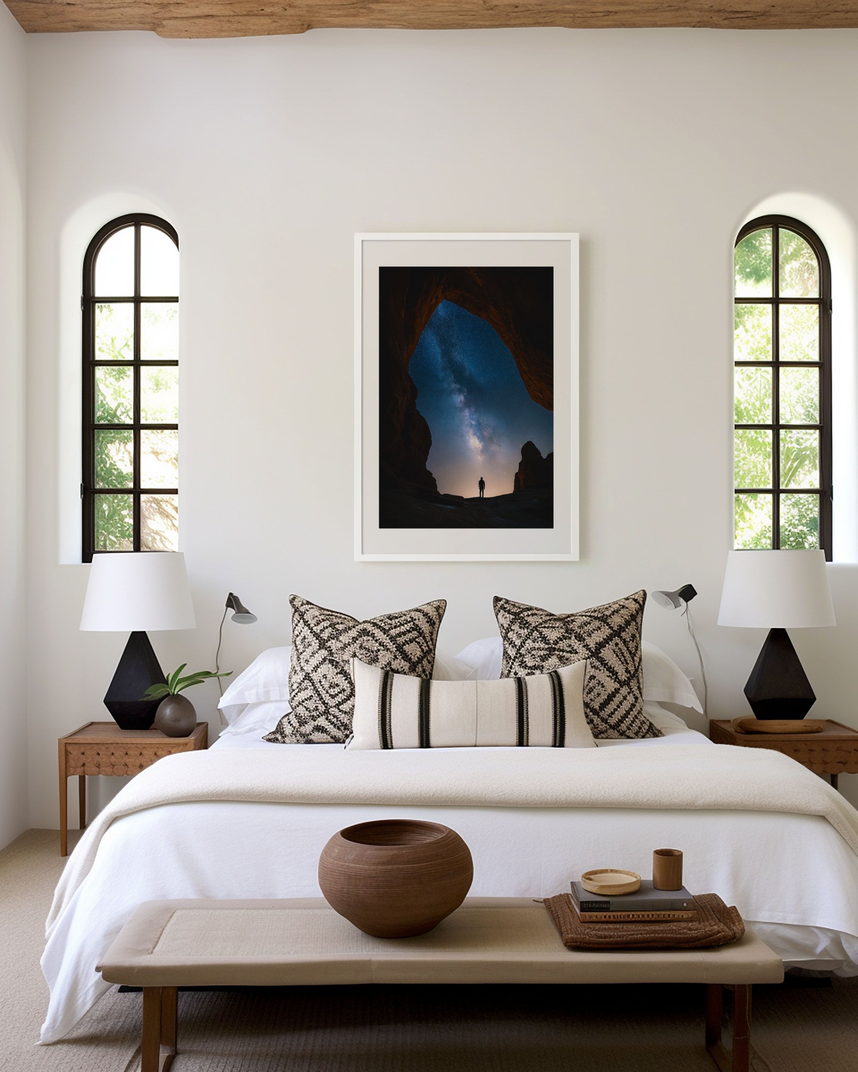 Milky Way Rock Arch Silhouette Wall Art Print | Night Sky Star Gazing Photography | Galaxy Cave Figure Poster