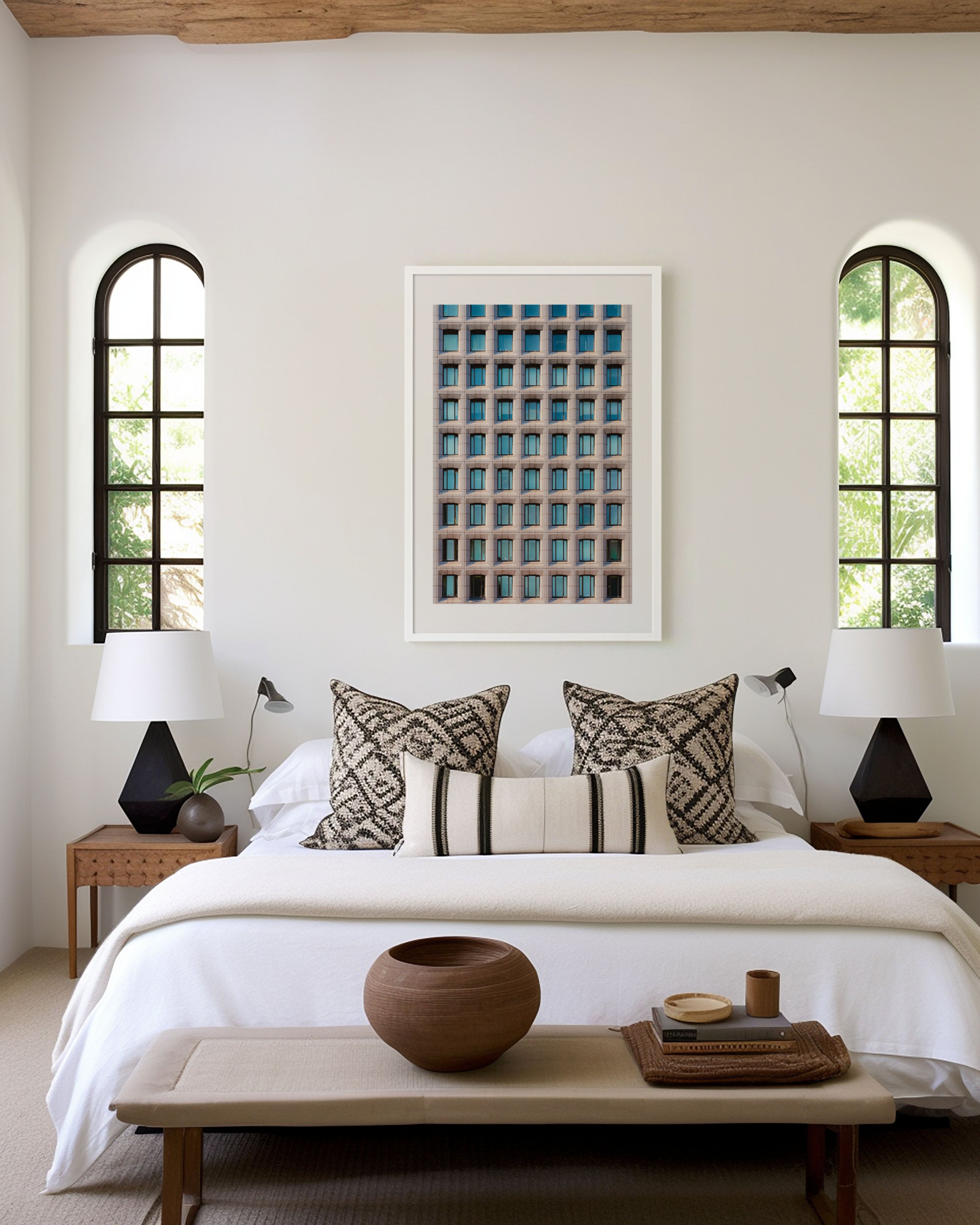 Modern Geometry Facade Wall Art – Minimalist Architecture Canvas Print, Grid Window Building Decor