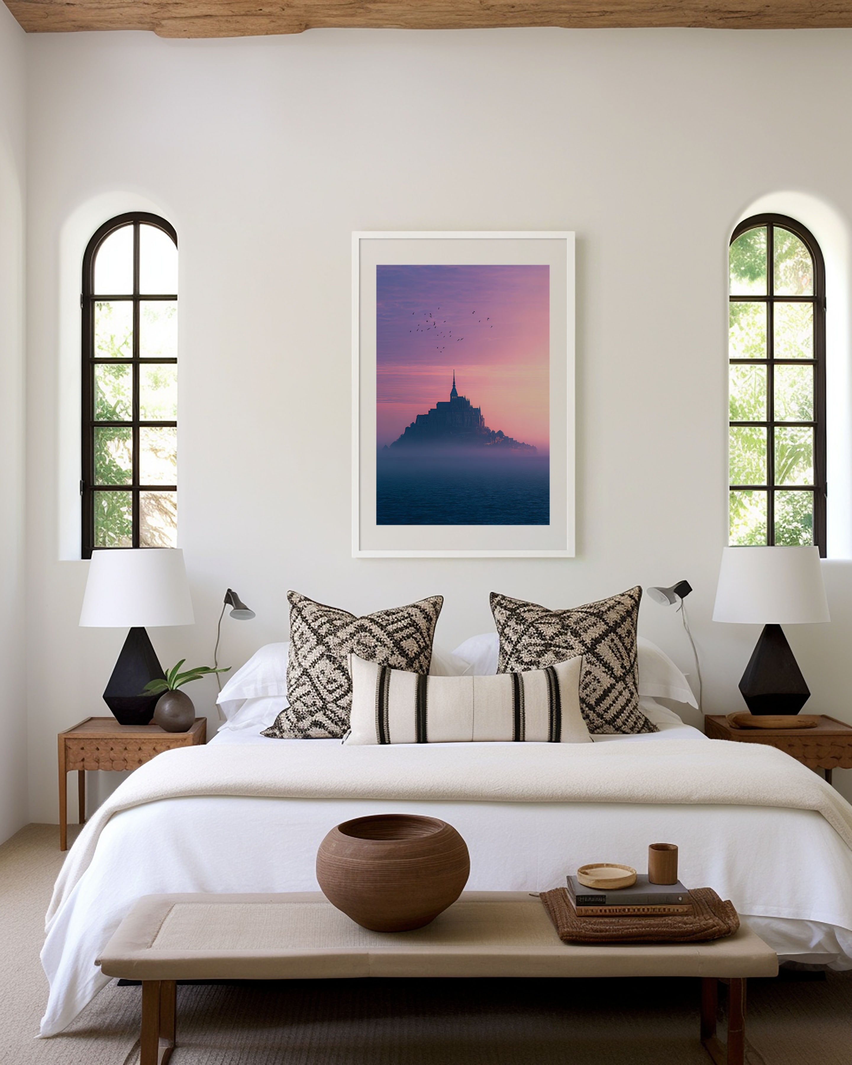 Mont Saint-Michel France Print | Pink Sunset Foggy Castle Wall Art | Normandy Travel Photography