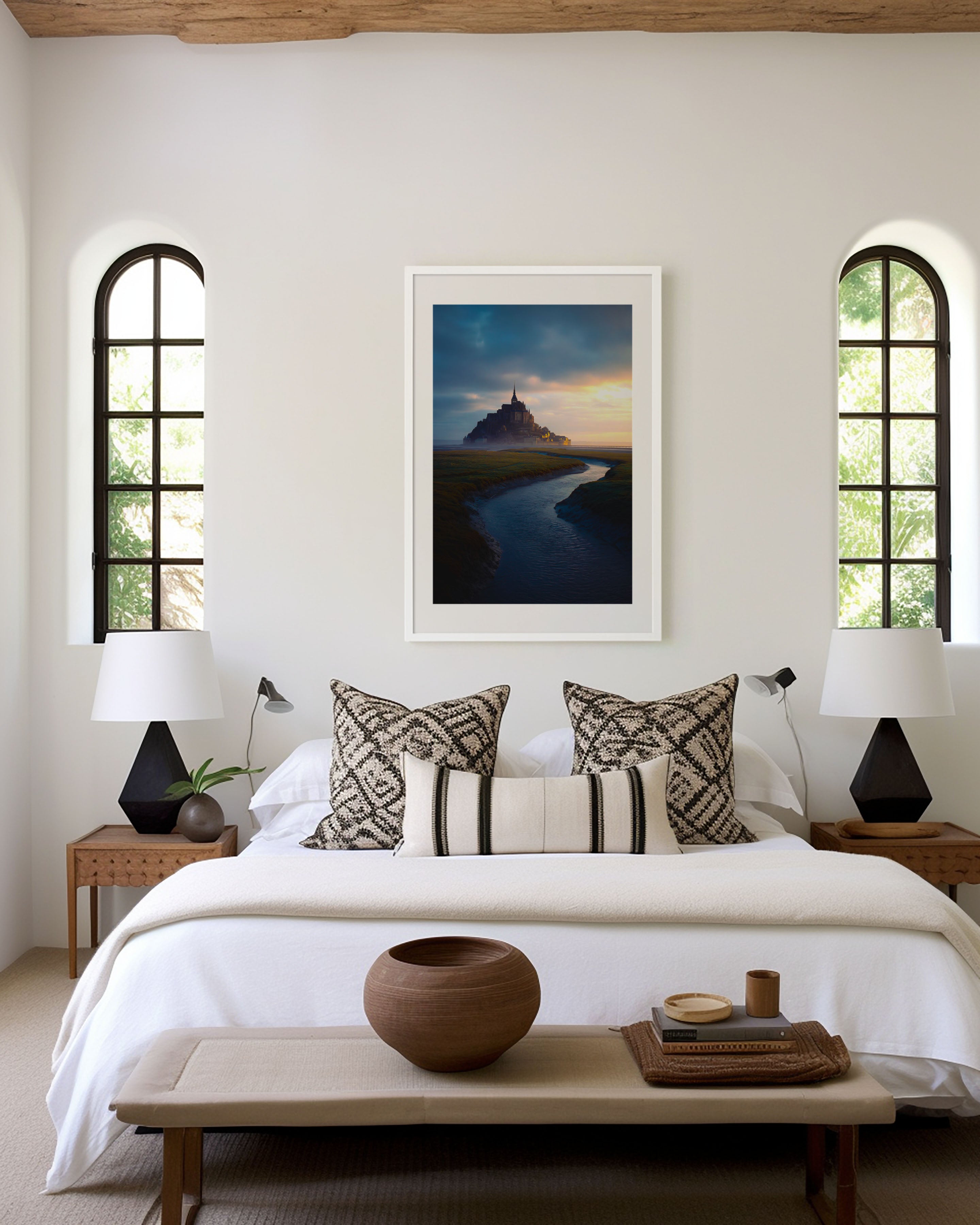 Mont Saint-Michel Misty Sunrise River Normandy France Wall Art Print | French Landmark Travel Photography Poster | Medieval Architecture Decor