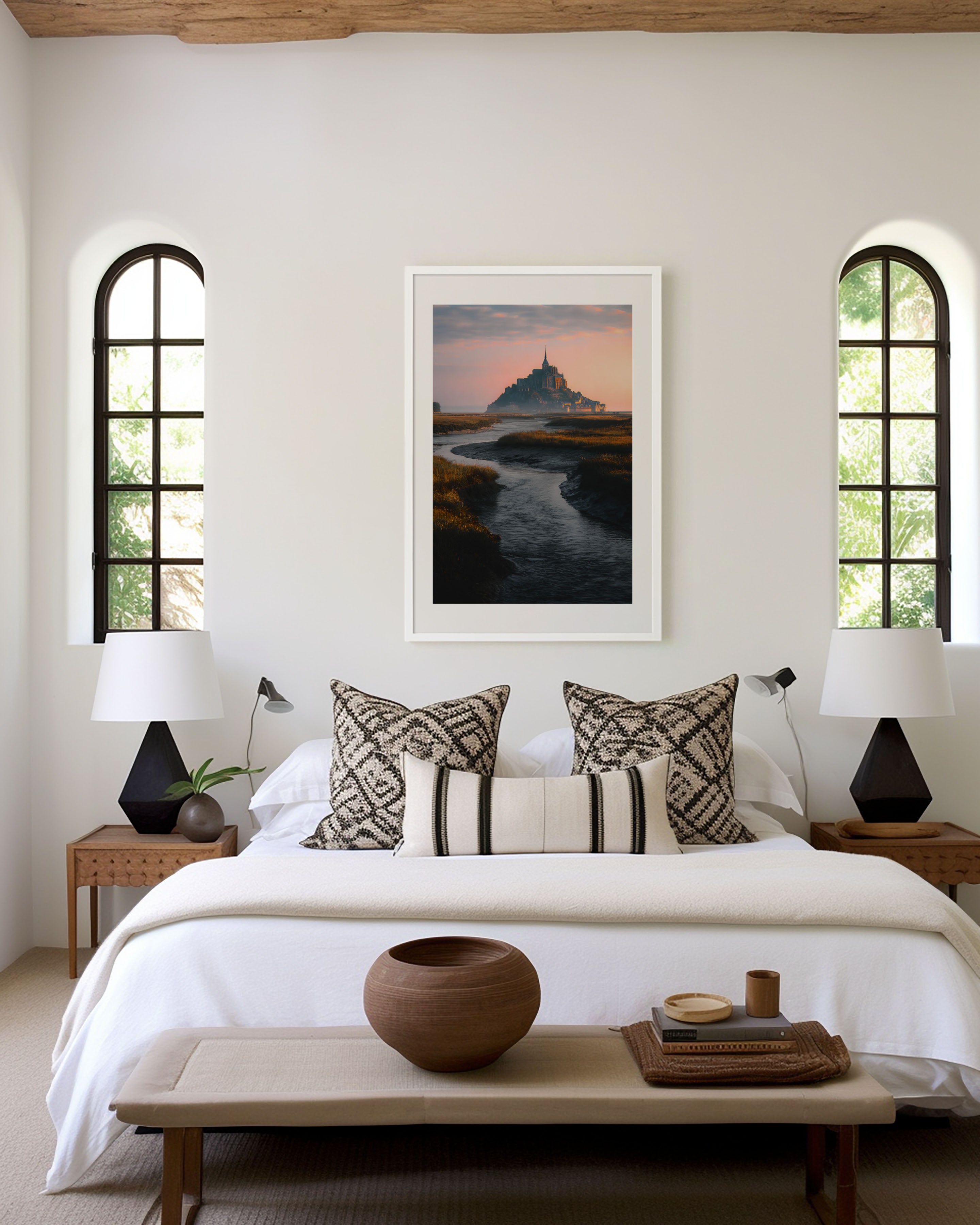 Mont Saint-Michel Winding River Sunset Normandy France Wall Art Print | French Landmark Travel Photography Poster | Romantic European Landscape Decor