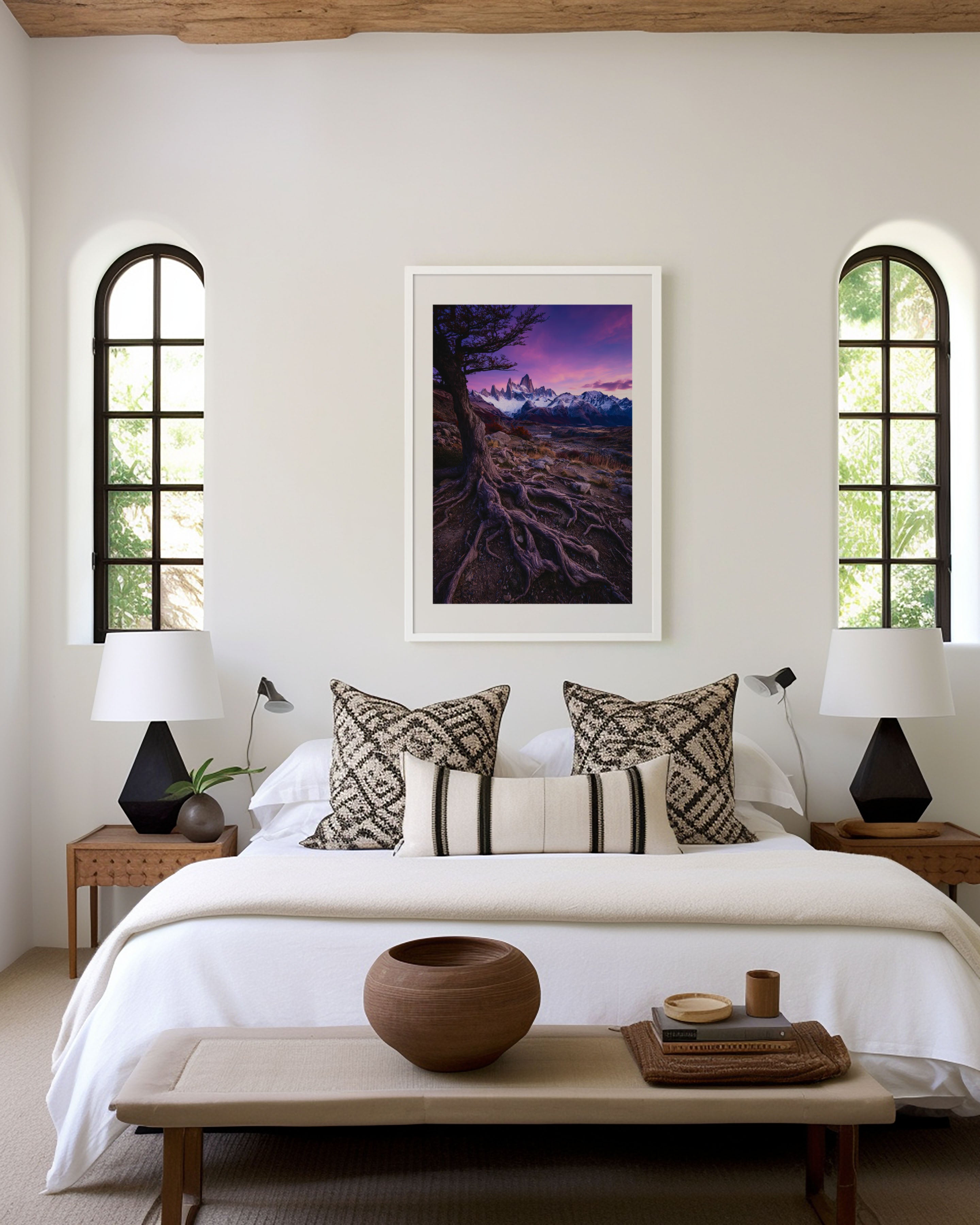 Mount Fitz Roy Purple Sunrise Tree Roots Print | Patagonia Violet Sky Wall Art | El Chaltén Ancient Tree Landscape Photography Poster