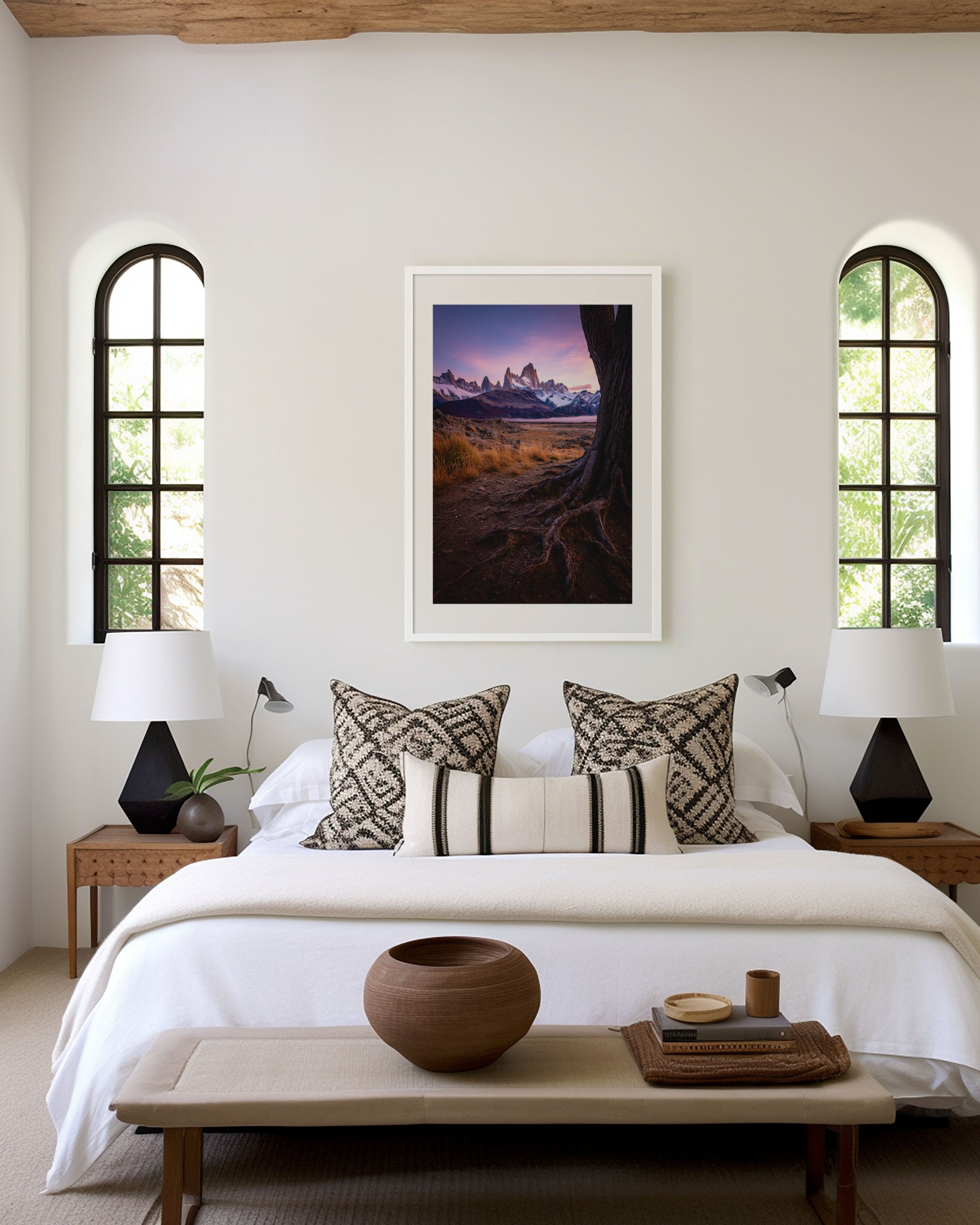 Mount Fitz Roy Twilight Tree Roots Print | Patagonia Purple Sunset Wall Art | El Chaltén Misty Valley Landscape Photography Poster