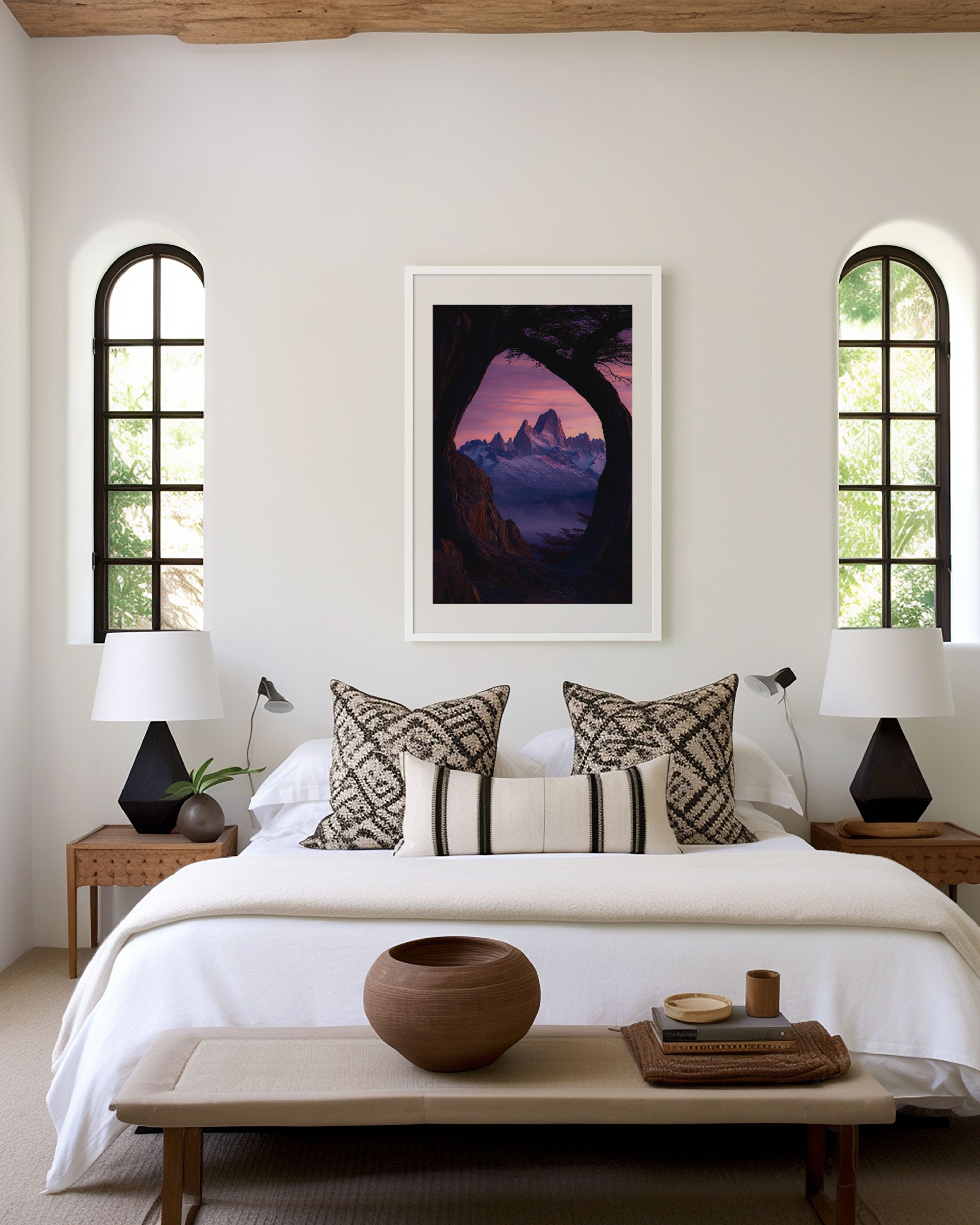 Mount Fitz Roy Pink Sunset Tree Arch Print | Patagonia Rose Sky Wall Art | El Chaltén Natural Frame Landscape Photography Poster