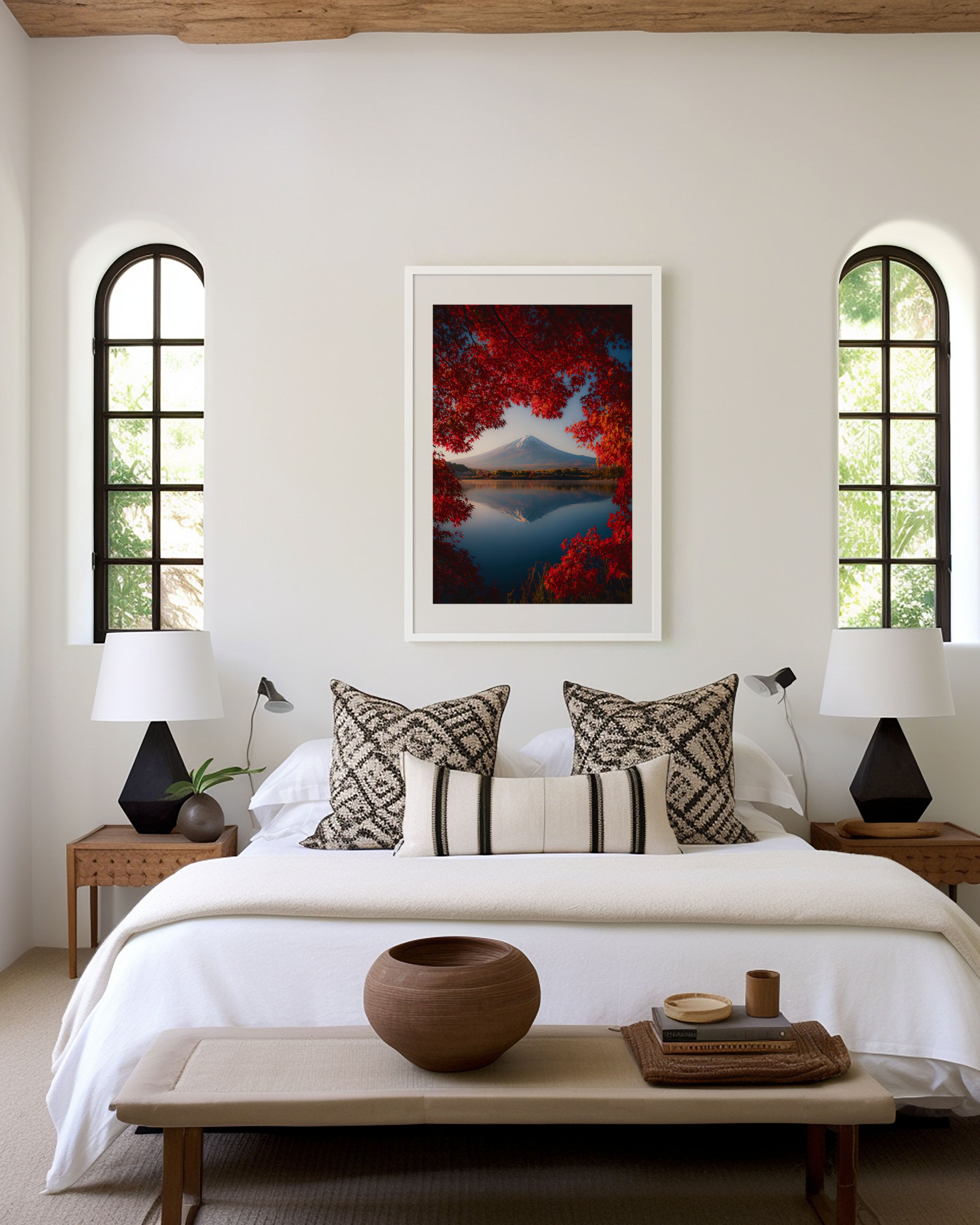 Mount Fuji Autumn Red Maple Reflection Wall Art Print | Japan Lake Kawaguchiko Photography | Fuji Momiji Landscape Poster