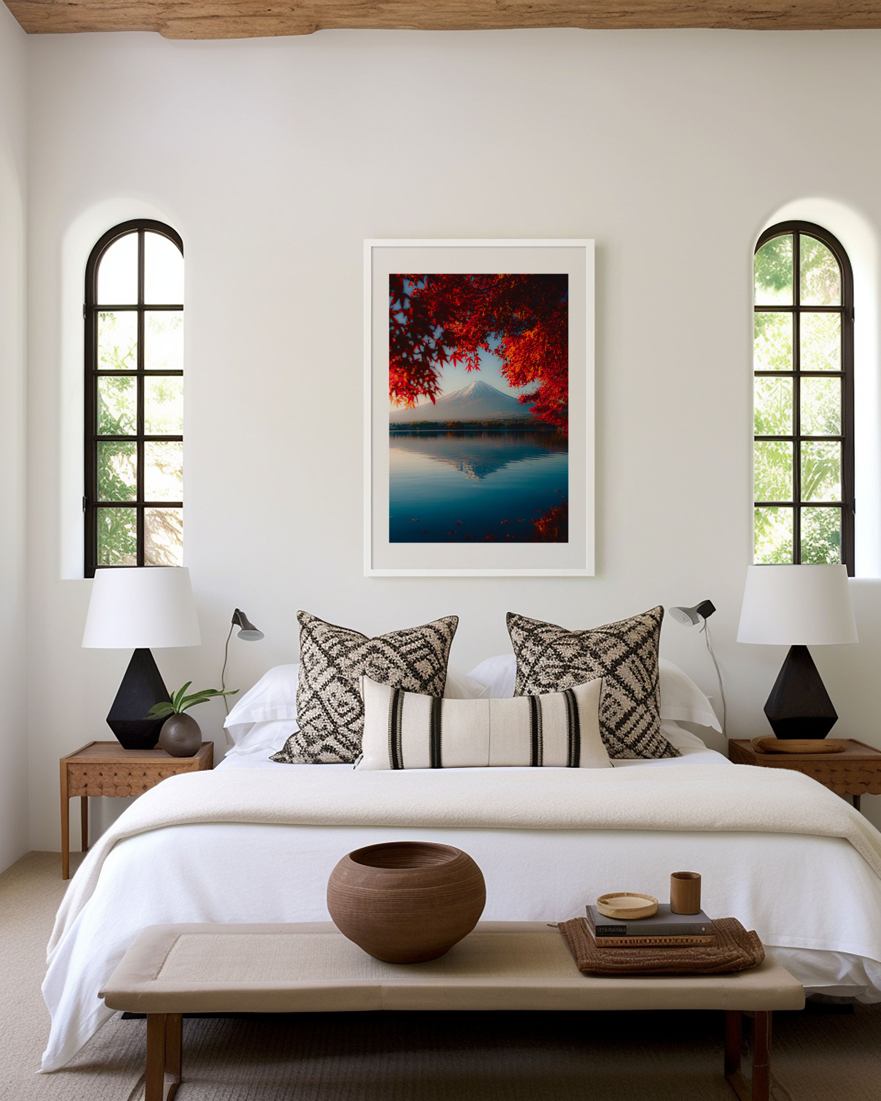 Mount Fuji Maple Bokeh Lake Wall Art Print | Japan Kawaguchiko Autumn Photography | Fuji Reflection Blue Water Poster