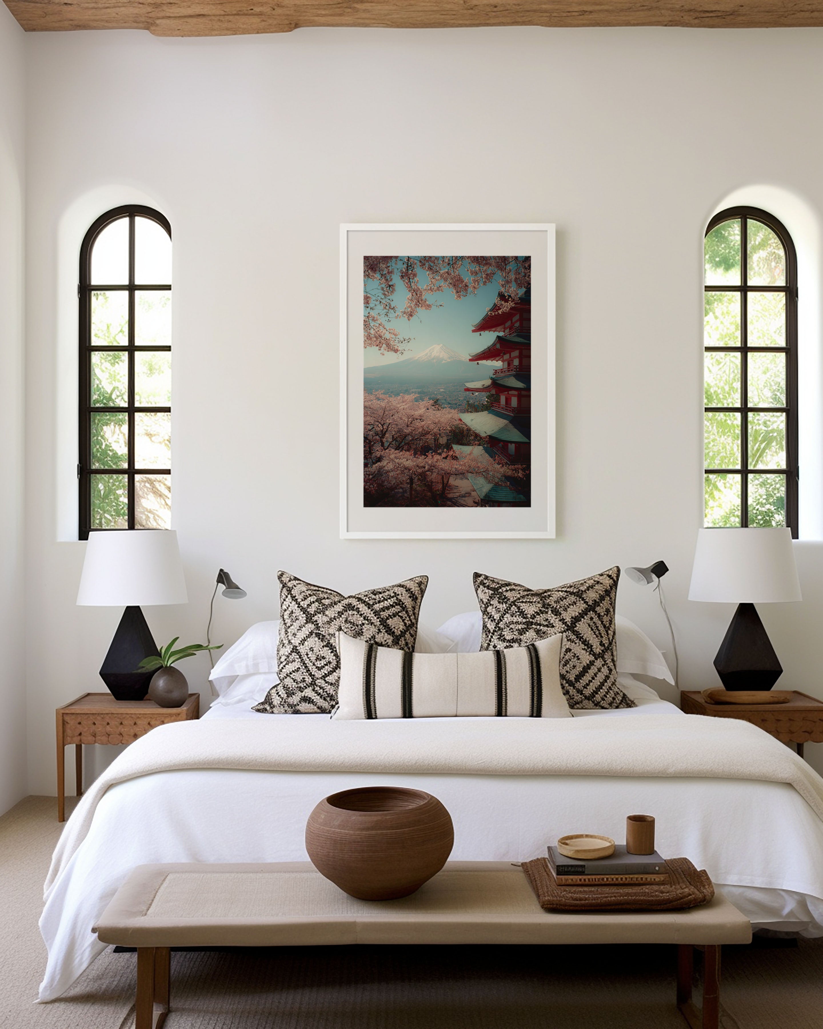 Mount Fuji Cherry Blossom Wall Art | Japan Sakura Pagoda Landscape Print