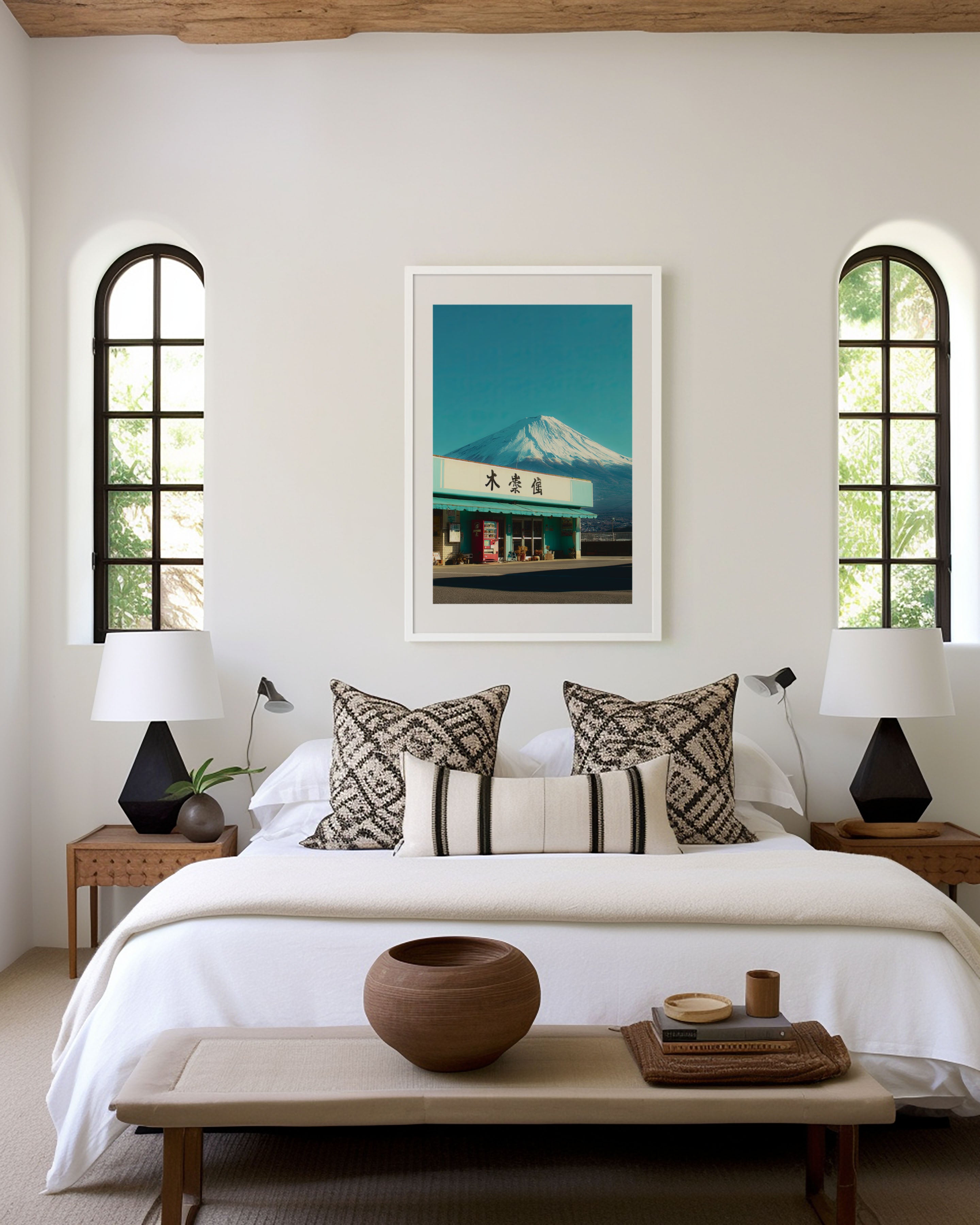 Mount Fuji Japanese Storefront | Teal & Snow Wall Art Print