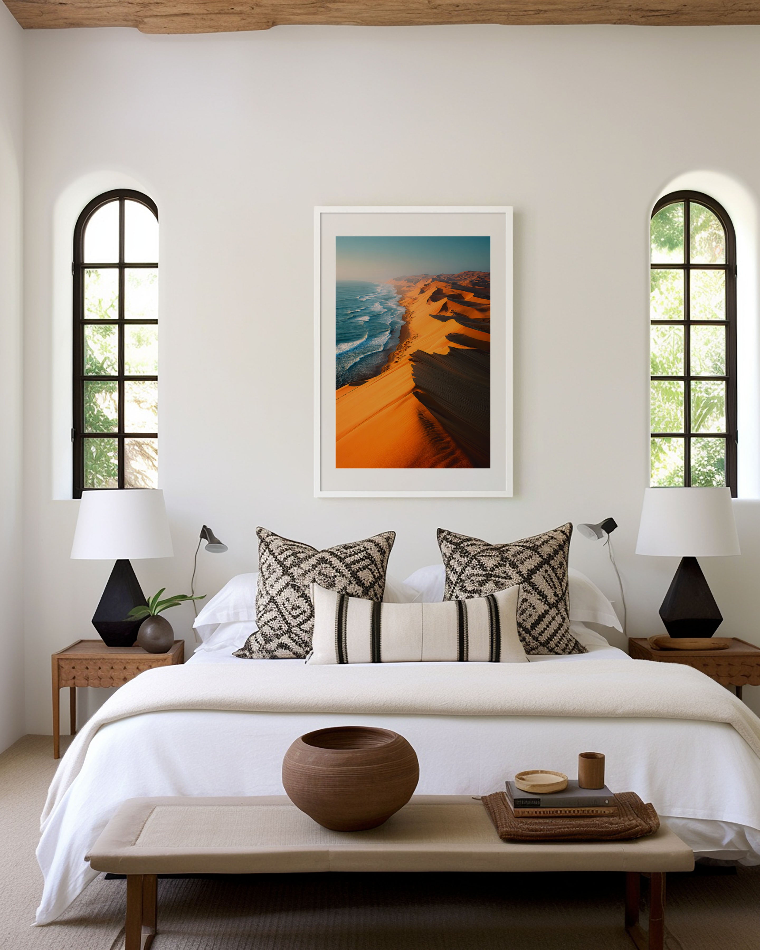 Namibia Sand Dunes Meeting Atlantic Coast Aerial Dawn Wall Art Print | Skeleton Coast Africa Photography Poster | Desert Ocean Landscape Decor