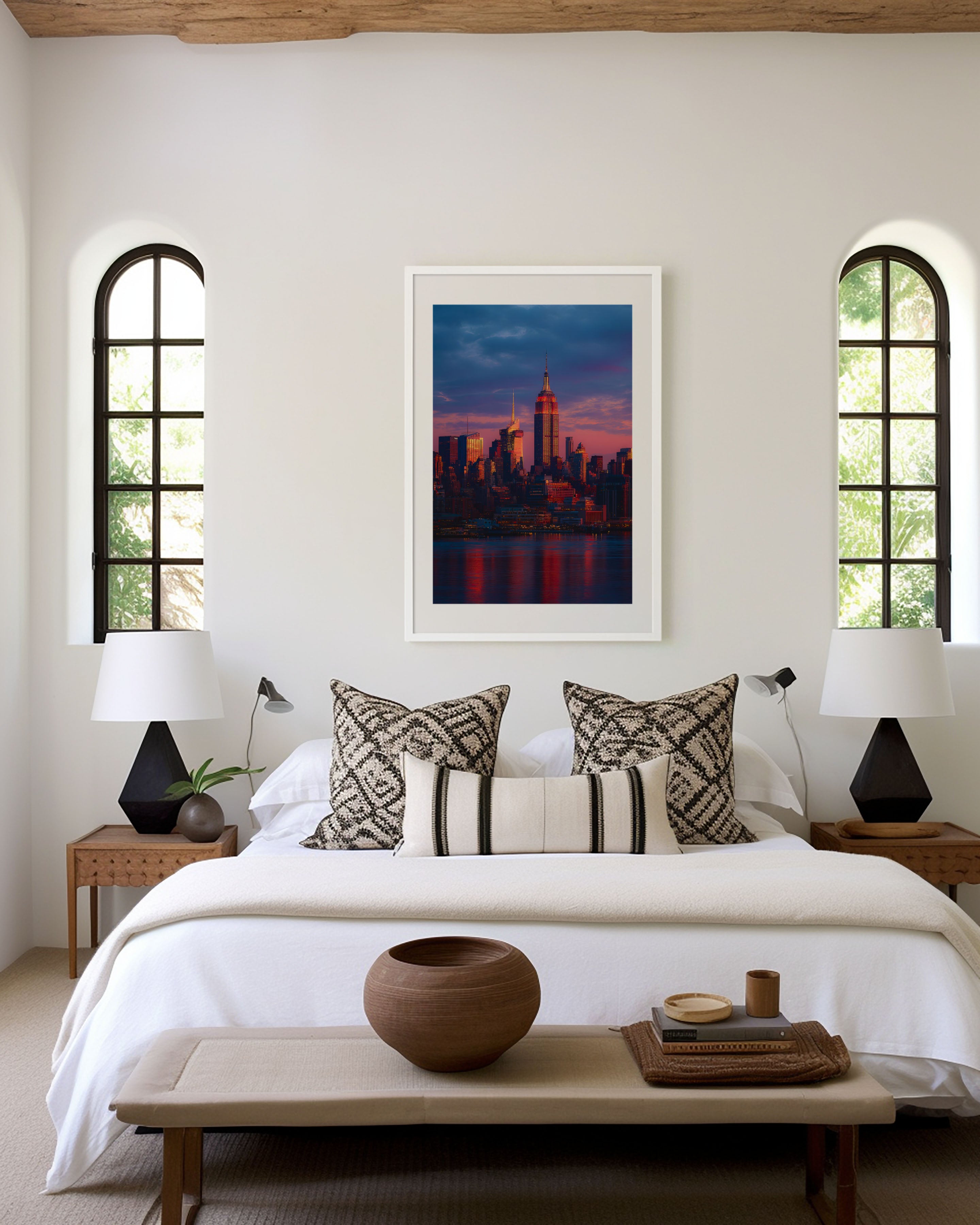 New York City Manhattan Skyline Sunset Wall Art | Empire State Building Hudson River Print | Travel Photography Poster