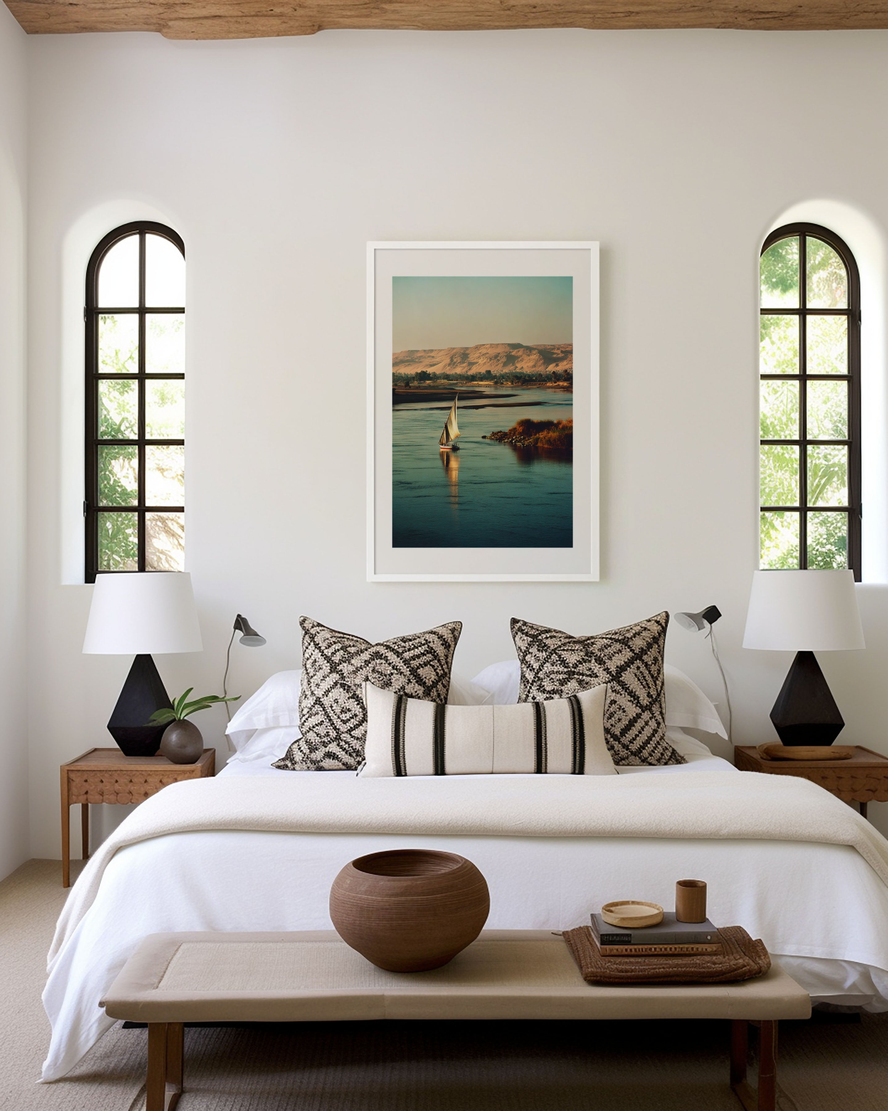 Nile River Egypt Wall Art Print | Felucca Sailboat Luxor Desert Photography | Egypt Travel Poster | Warm Earthy Home Decor