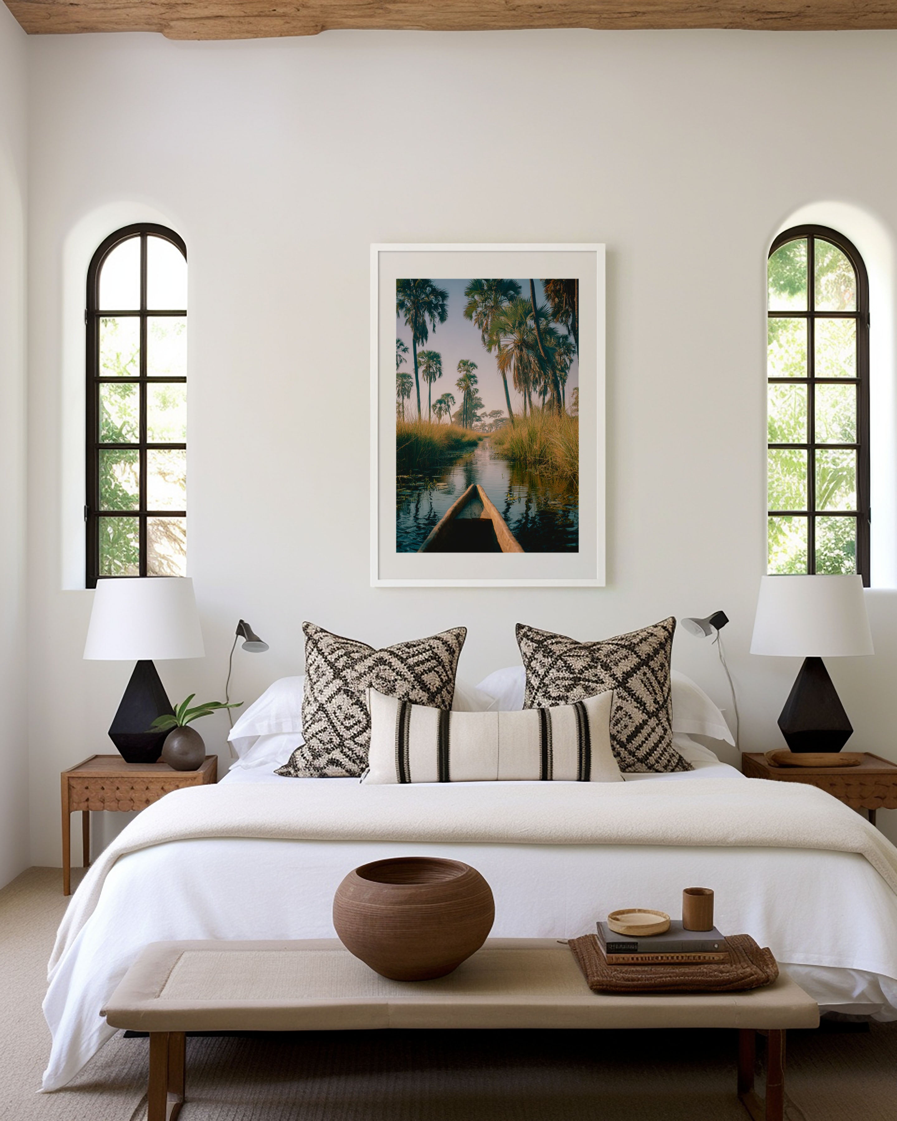 Okavango Delta Mokoro Wall Art Print | Botswana Africa Waterway Palm Tree Photography | Safari Travel Poster | Boho Nature Home Decor