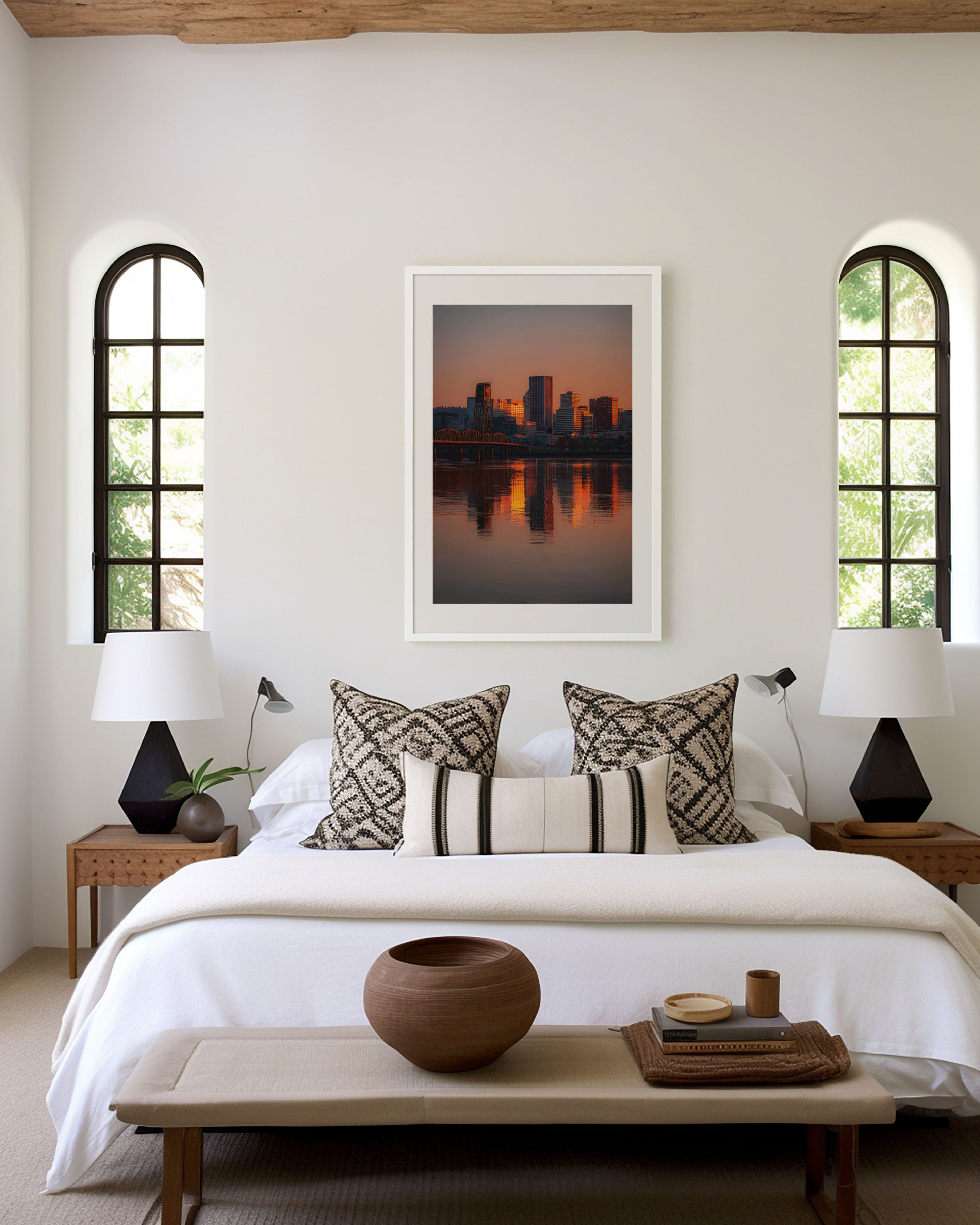 Portland Skyline Willamette River Sunset Wall Art | Hawthorne Bridge Oregon Reflection Print | Travel Photography Poster