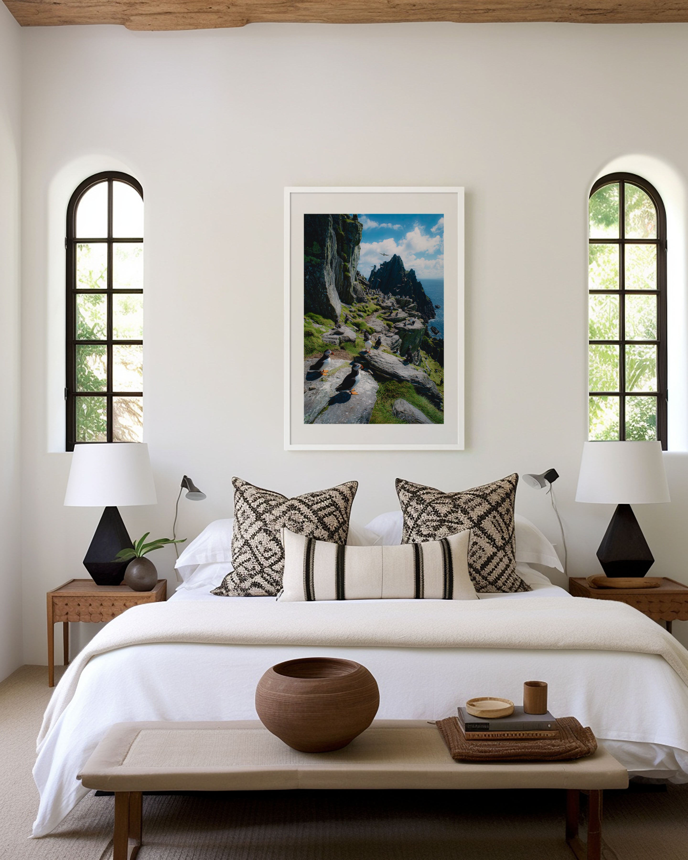 Puffin Colony Wall Art Print – Coastal Cliff Wildlife Canvas & Framed Ocean Landscape Decor