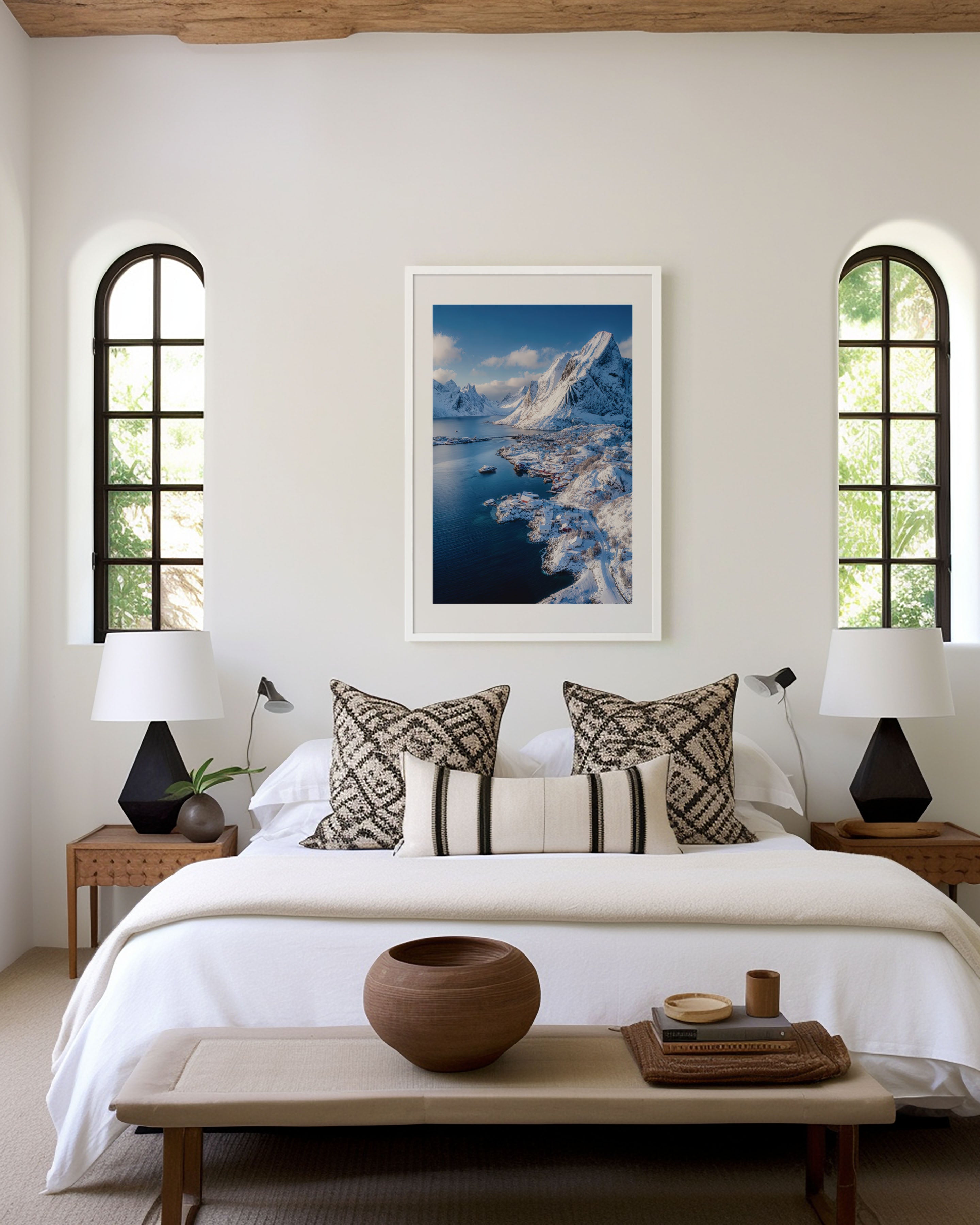Reine Lofoten Islands Winter Fjord Wall Art Print | Norway Arctic Village Photography | Snow Mountain Coastal Poster