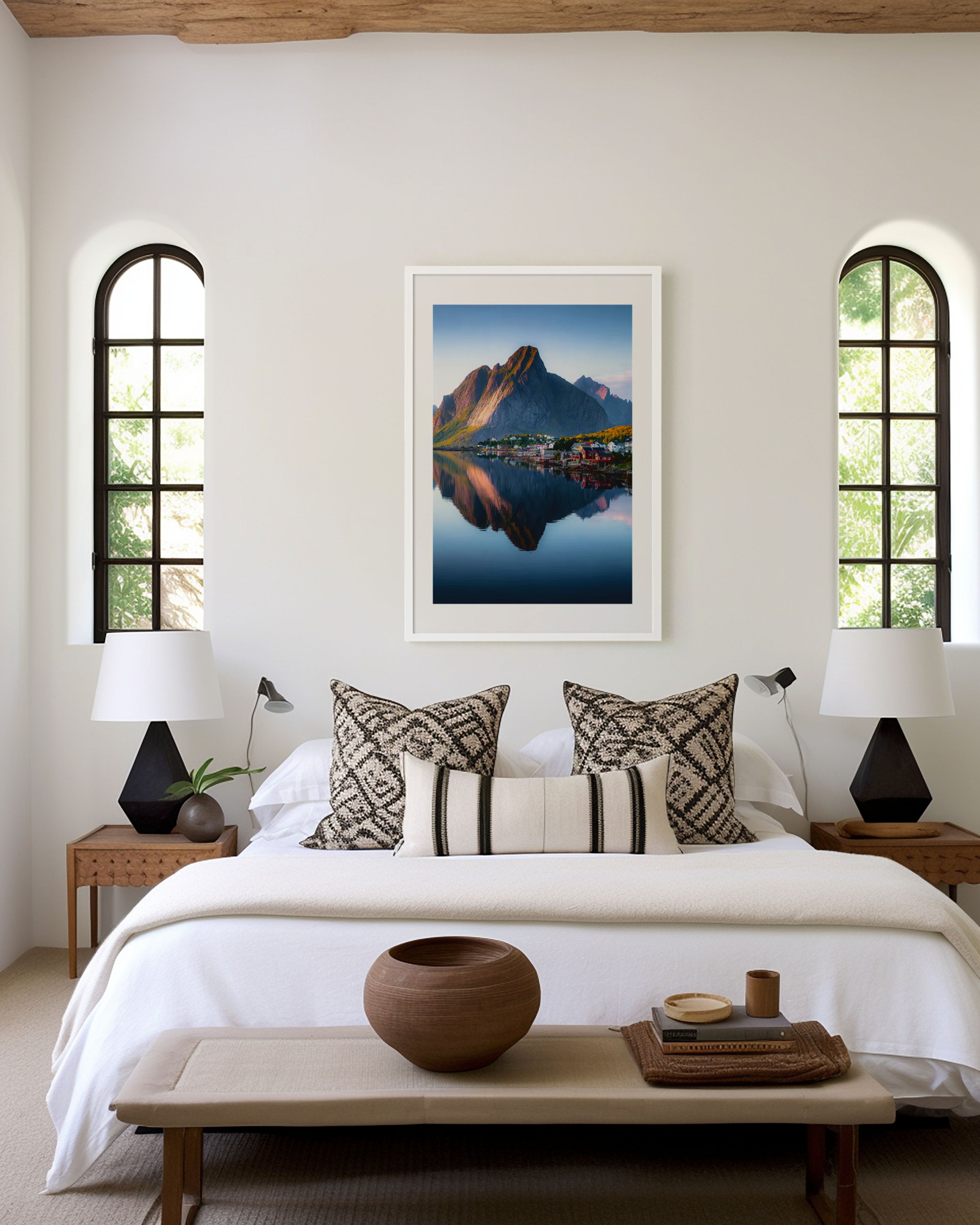 Reine Village Golden Sunrise Calm Water Reflection Wall Art Print | Lofoten Norway Autumn Photography | Scandinavian Home Decor