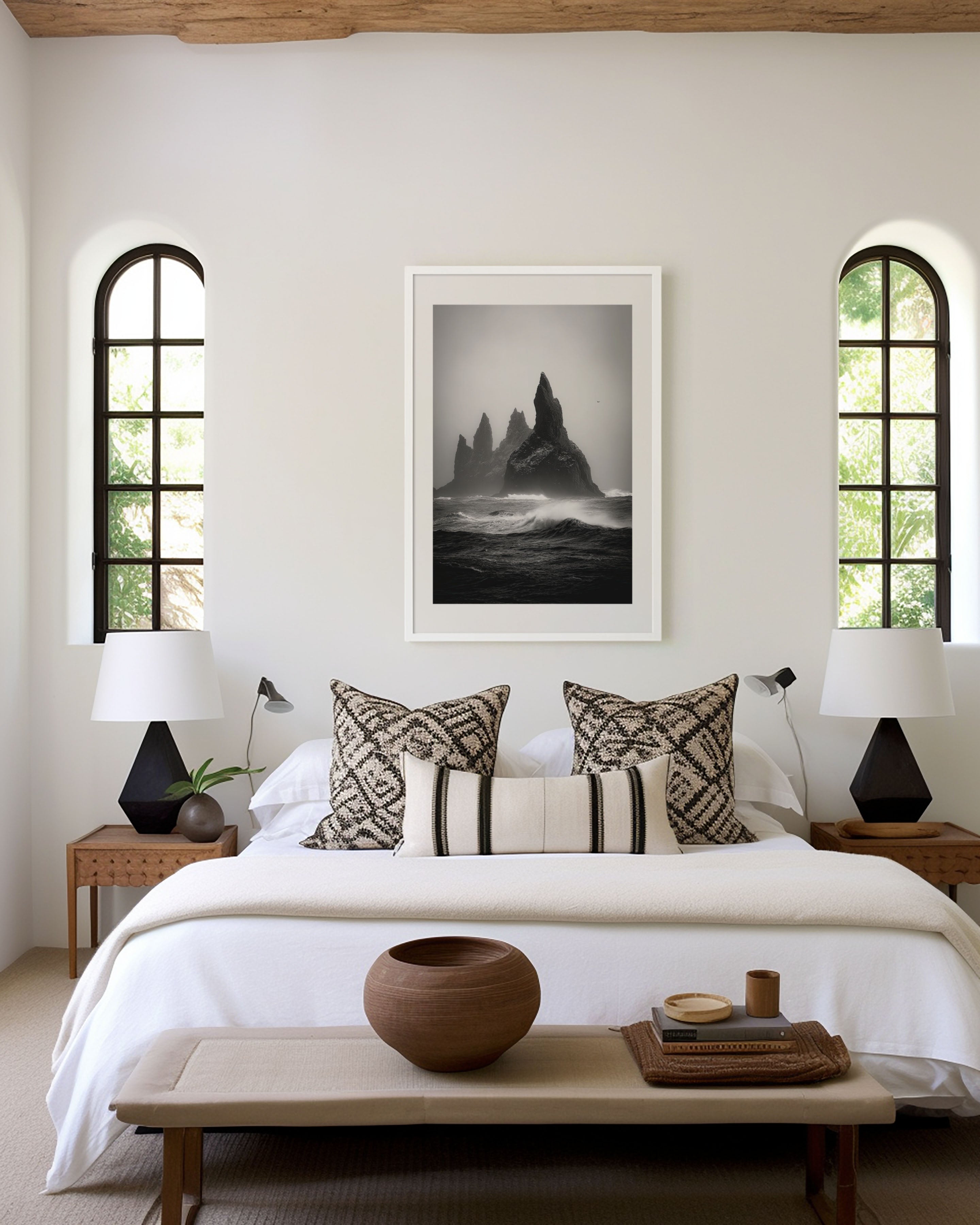 Reynisdrangar Sea Stacks Iceland Print | Black and White Coastal Wall Art | Moody Ocean Photography