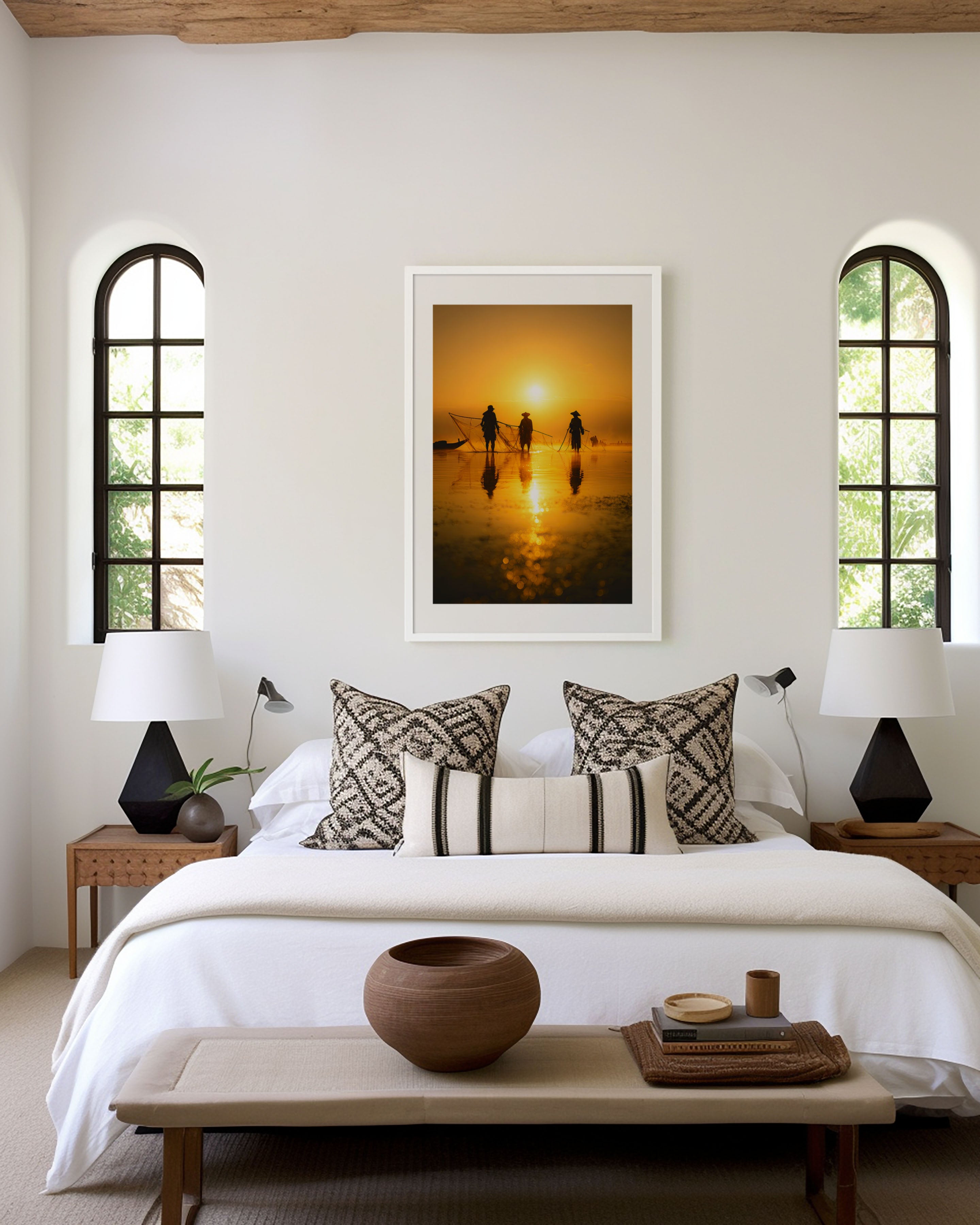 Southeast Asian Fishermen Sunset Print | Golden River Fishing Wall Art | Traditional Fishermen Silhouette Photography Poster
