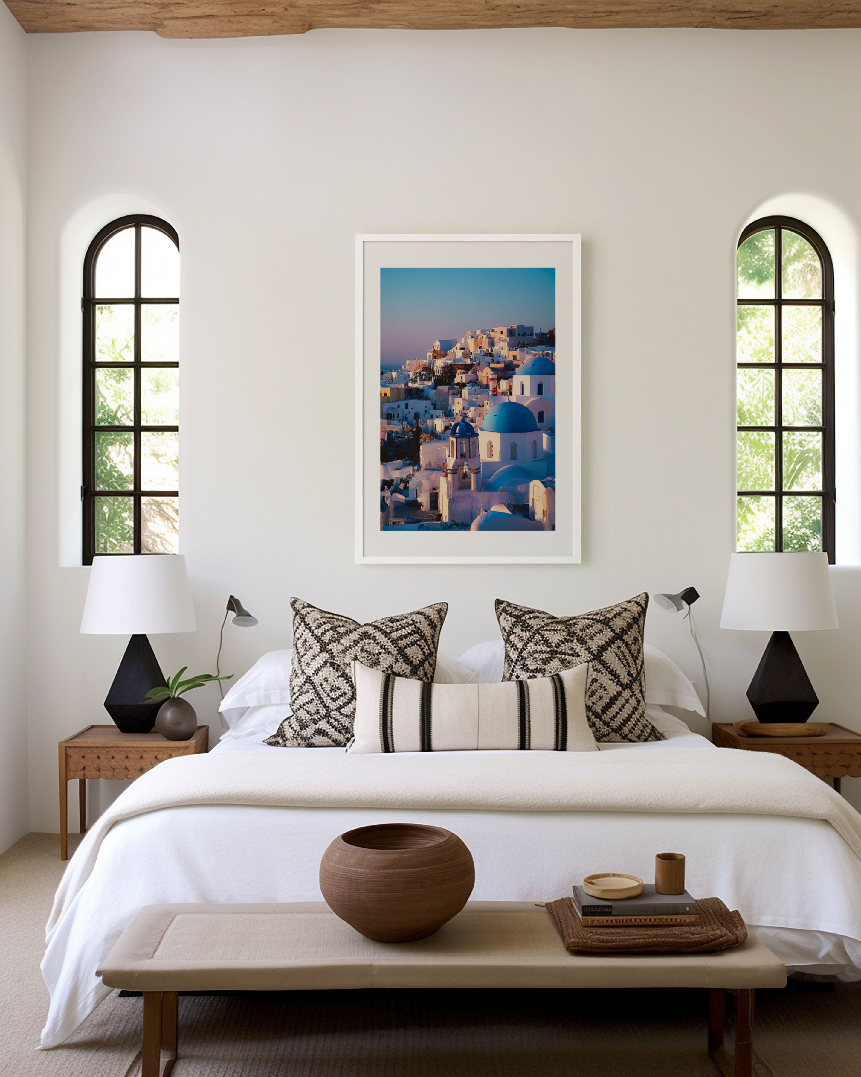 Santorini Blue Domes Wall Art Print | Oia Greece Orthodox Church Sunset Photography | Greek Islands Travel Poster | Mediterranean Home Decor