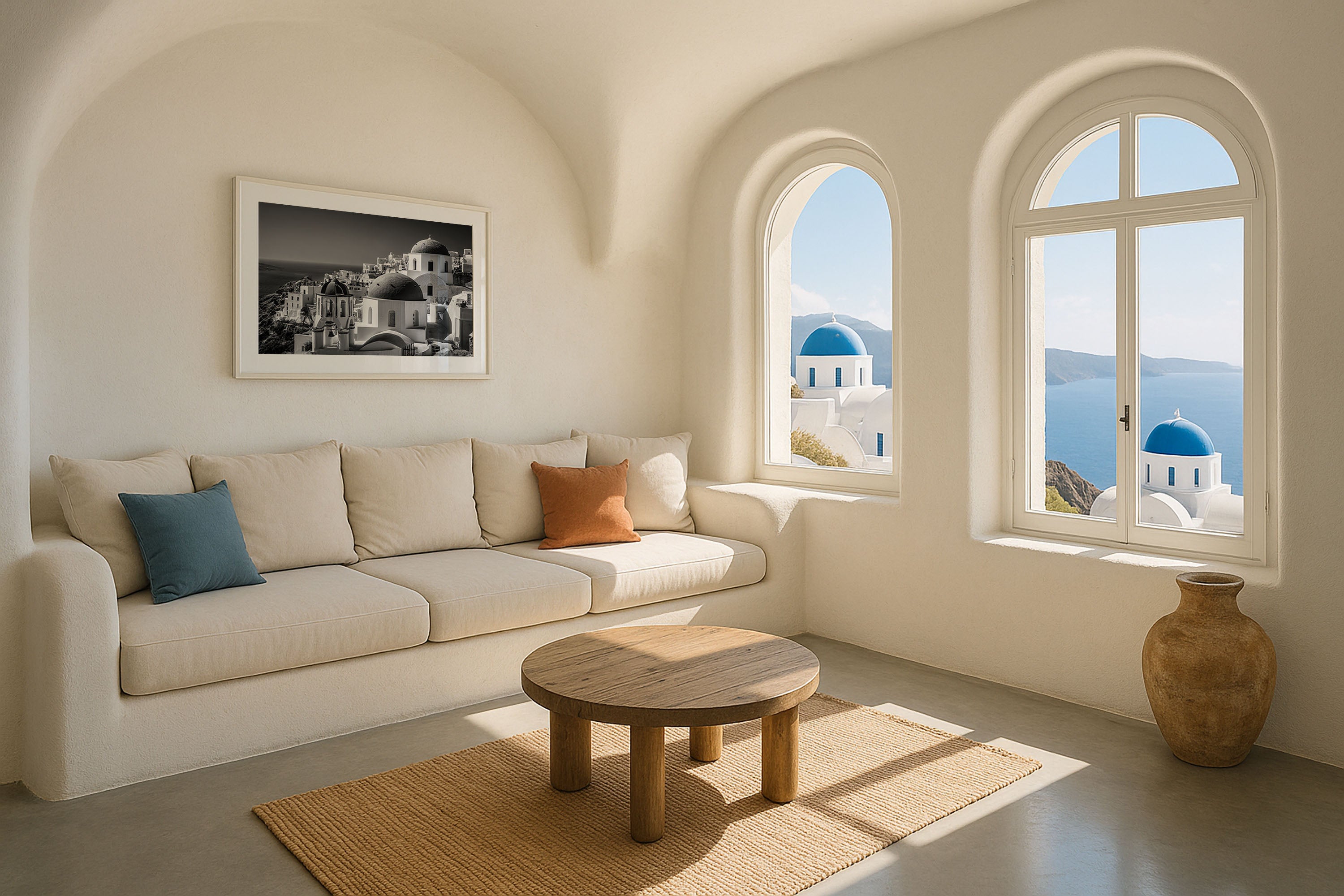 Santorini Greece Black and White Wall Art Print – Mediterranean Coastal Canvas
