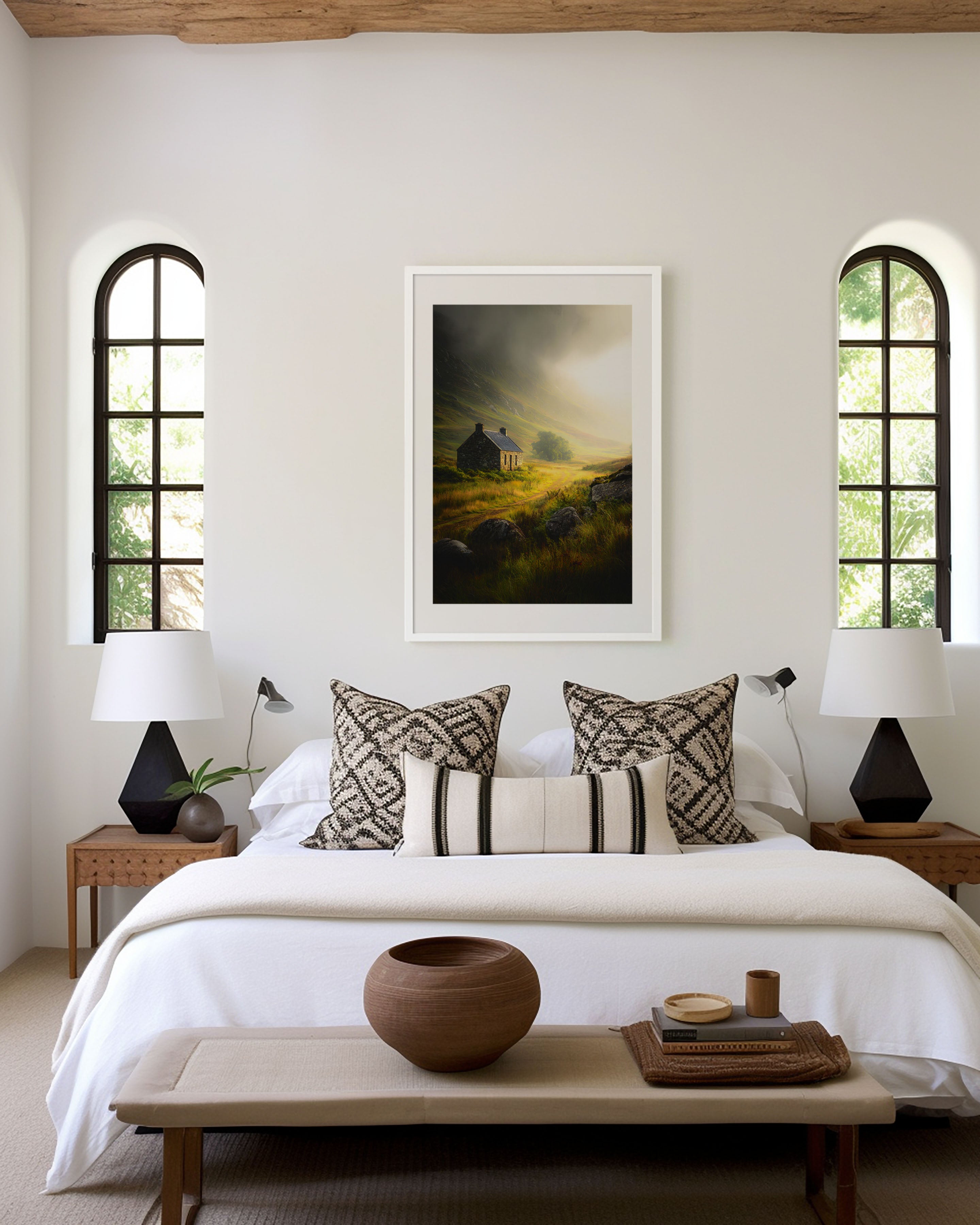 Scottish Highlands Cottage Wall Art – Misty Mountain Landscape Print
