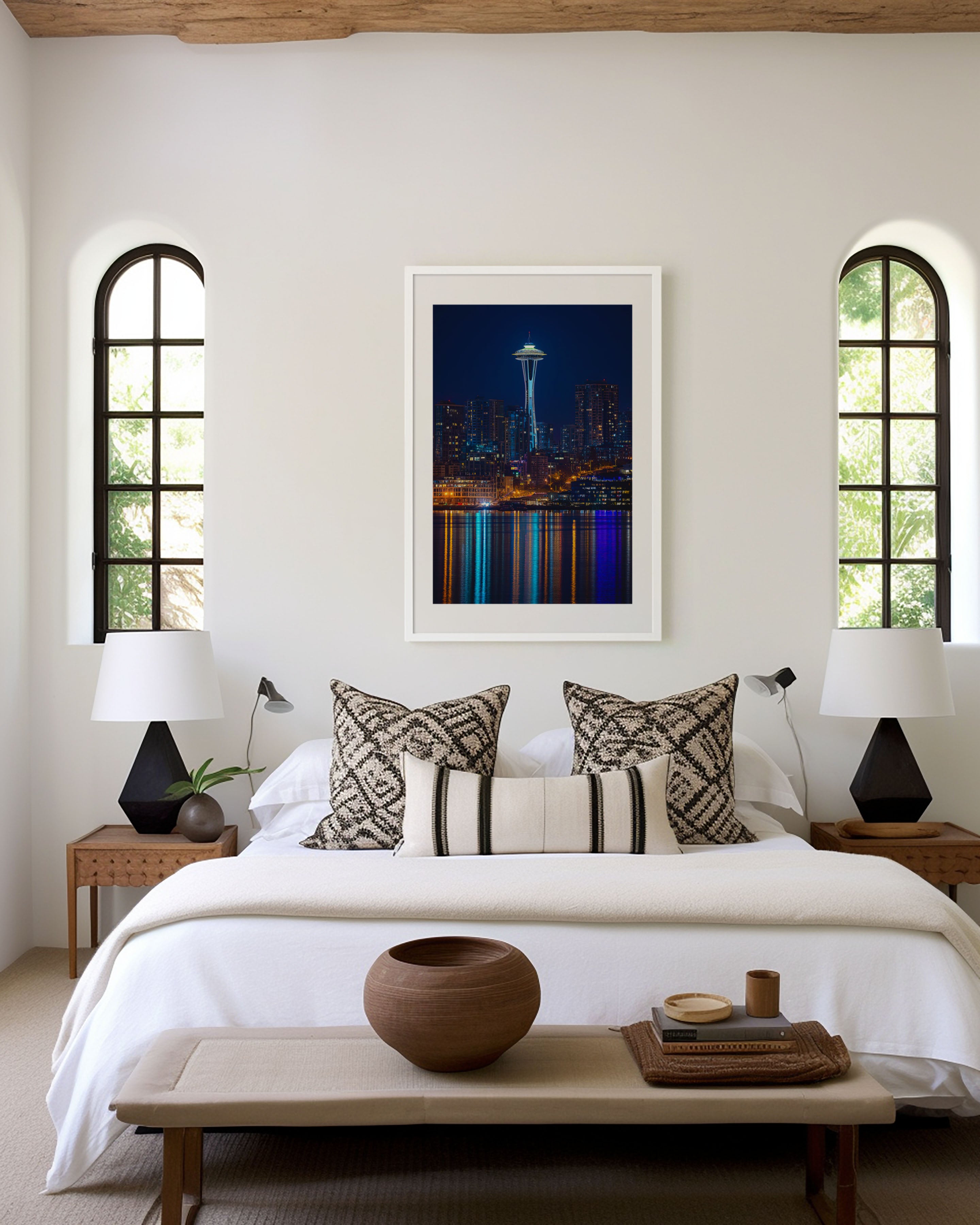Seattle Space Needle Night Wall Art | Elliott Bay Washington Print | City Lights Photography Poster