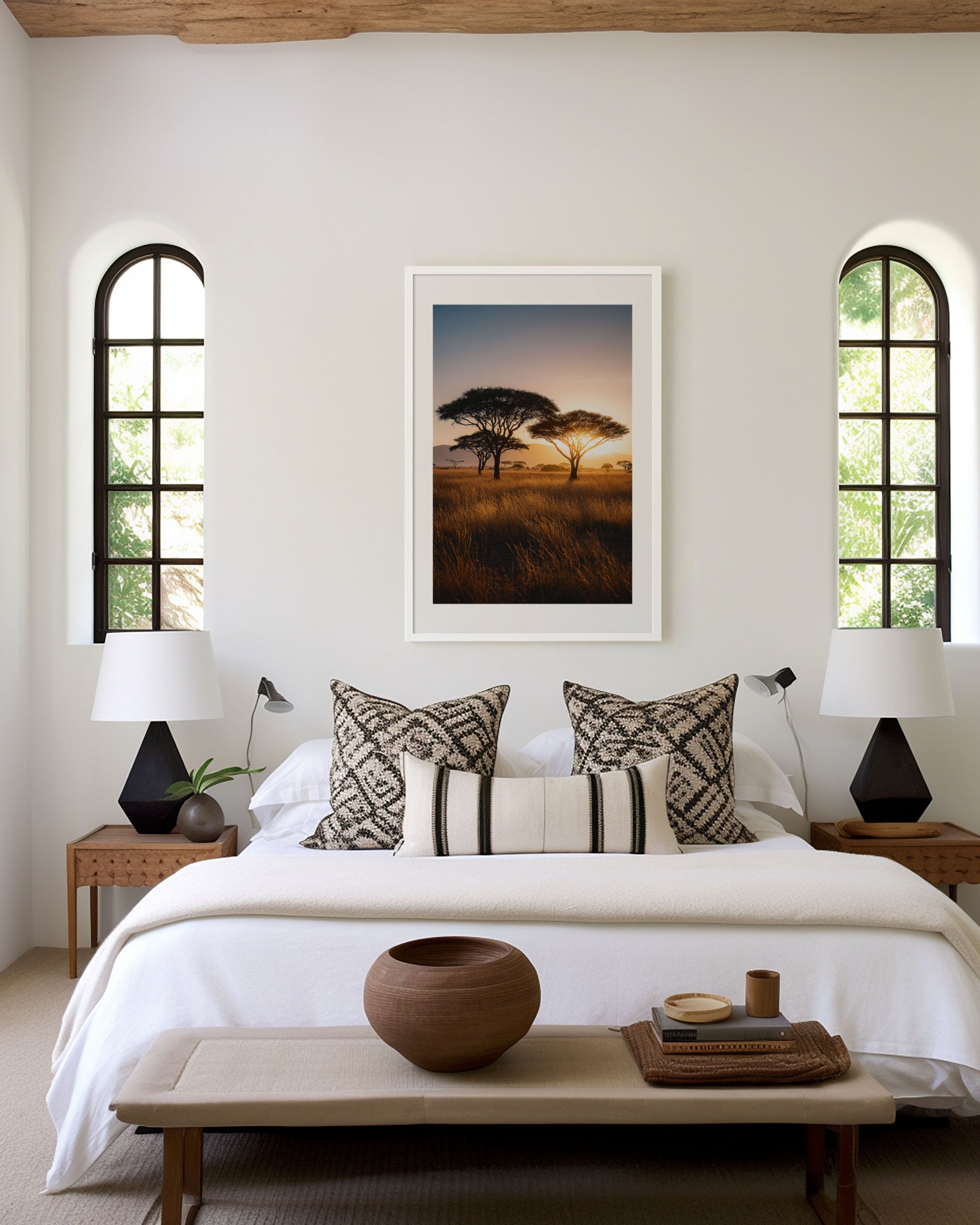 Serengeti Acacia Sunrise Wall Art Print | Tanzania Africa Savanna Golden Hour Photography | East Africa Safari Travel Poster | Warm Neutral Home Decor