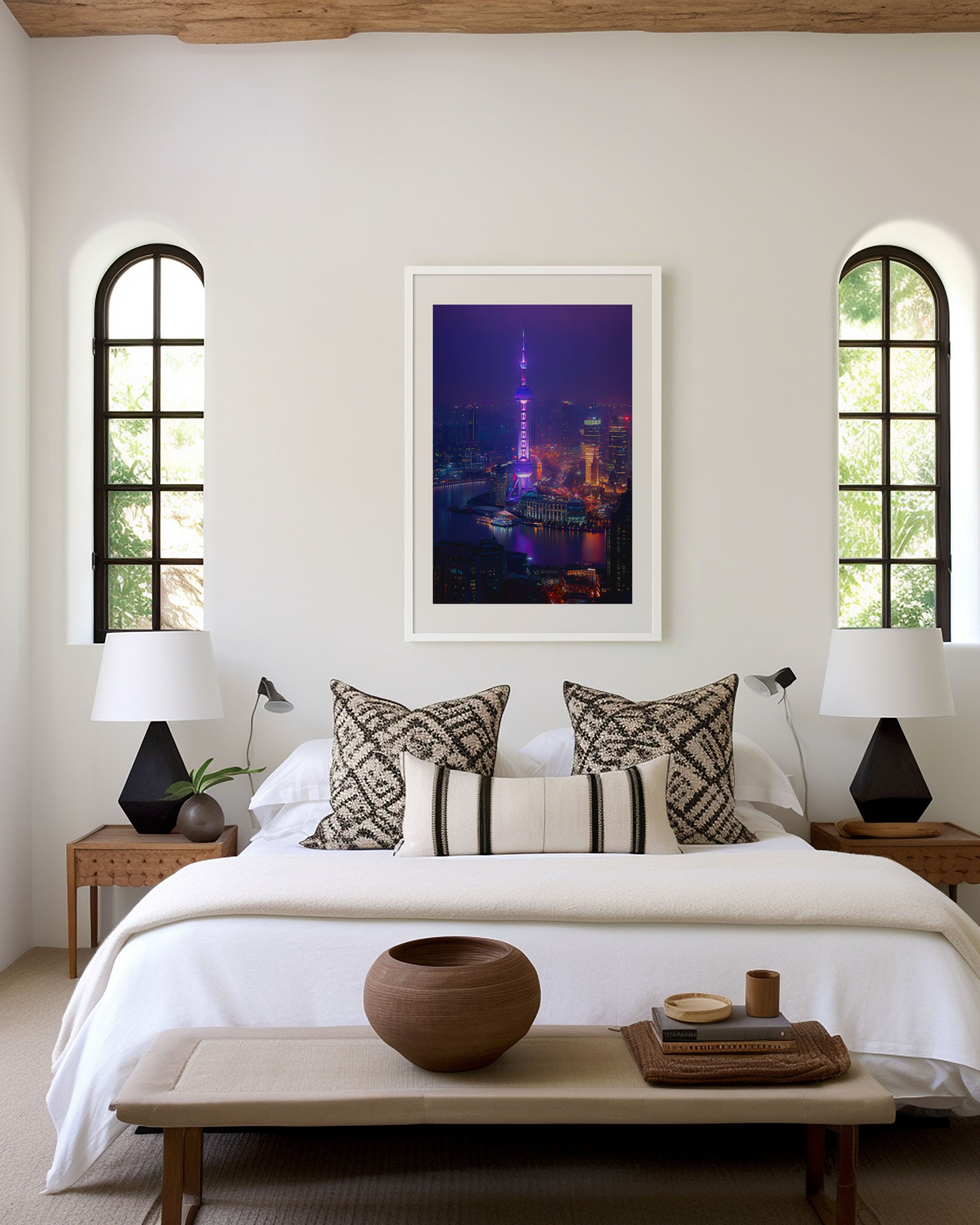 Shanghai Oriental Pearl Tower Purple Night Wall Art | Huangpu River Aerial China Print | City Lights Photography Poster