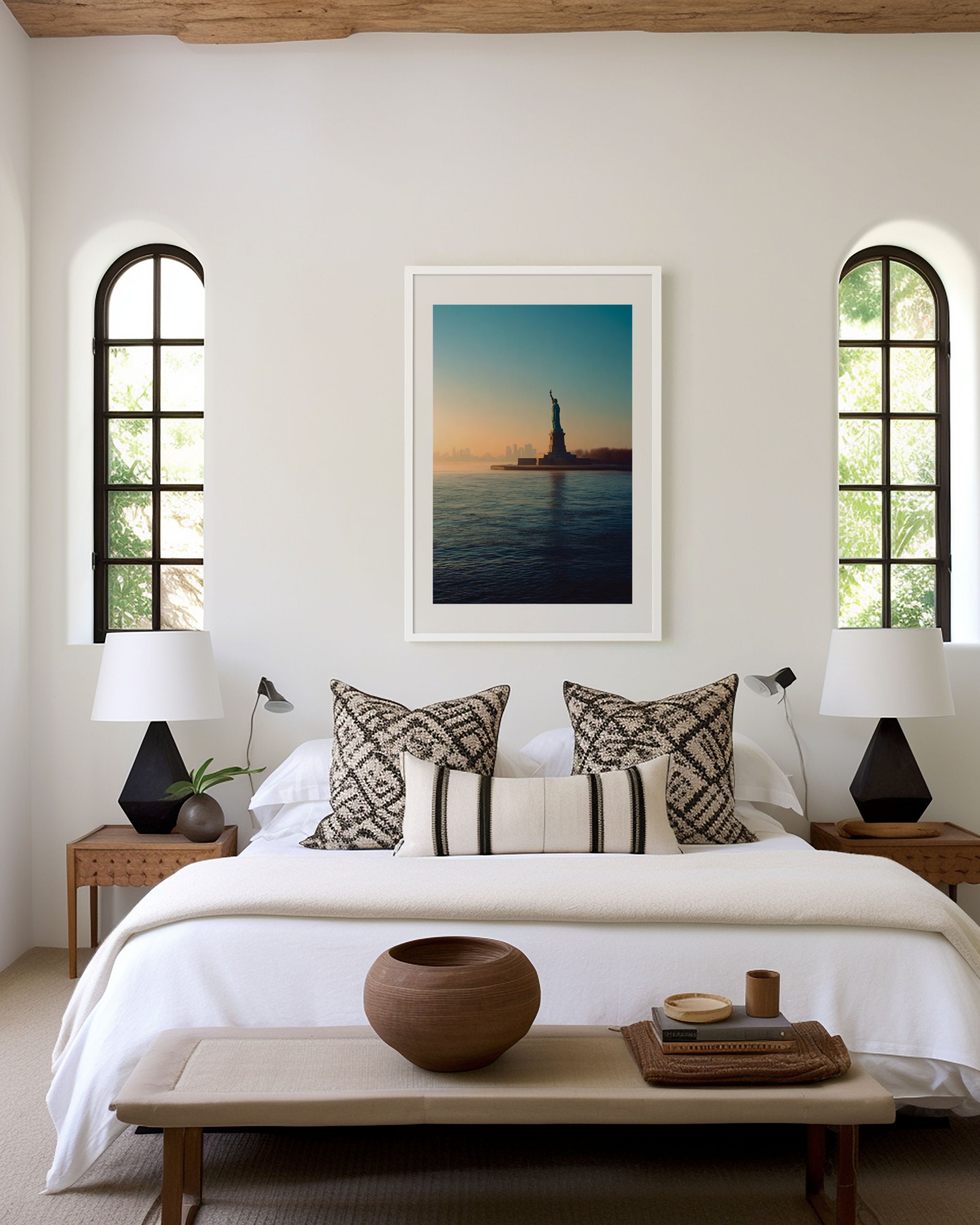 Statue of Liberty Wall Art Print | New York Harbor Sunrise Photography | NYC American Travel Poster | Minimalist Home Decor