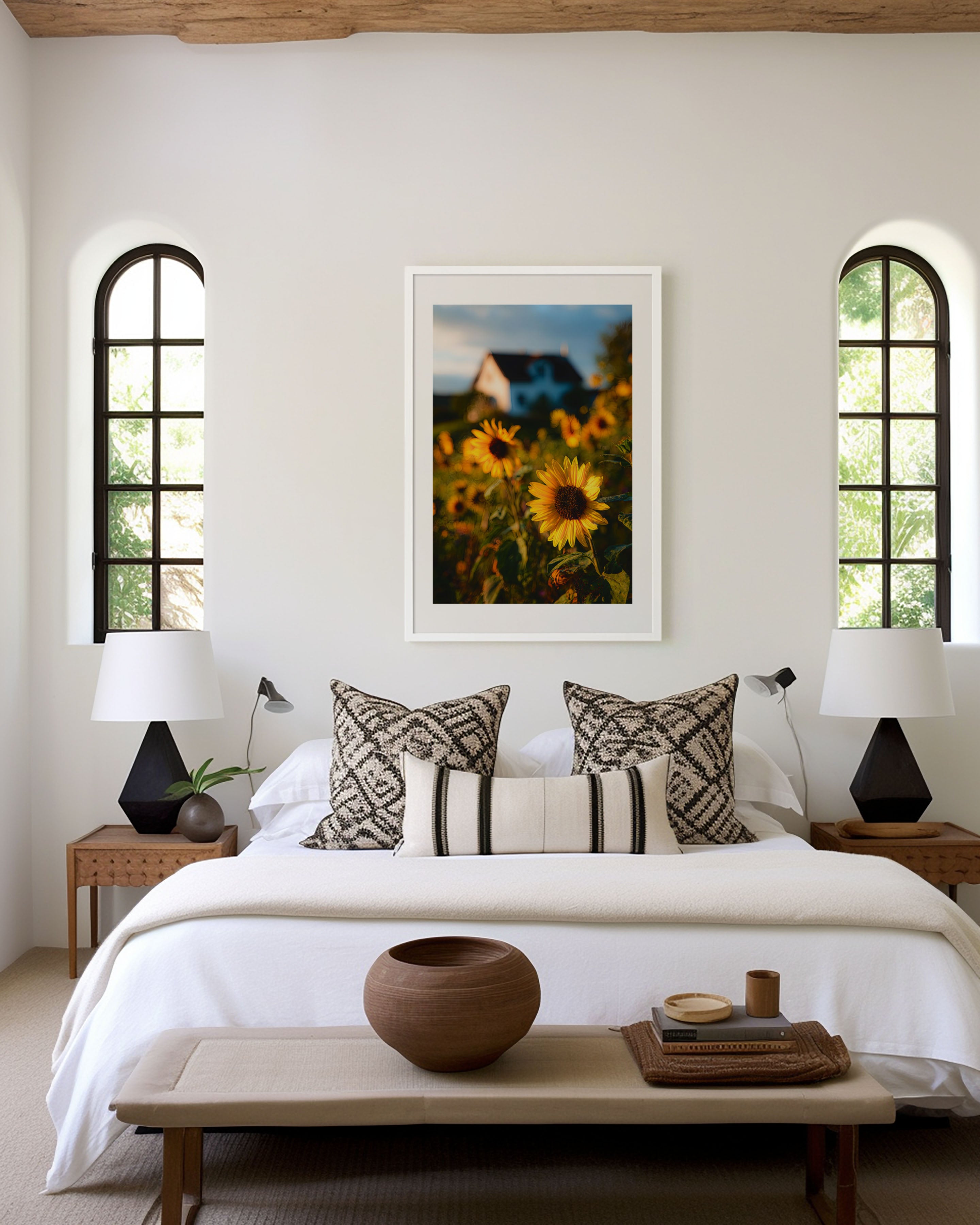 Sunflower Field Farmhouse Print | Sunflower Wall Art | Golden Sunflower Bokeh Landscape Photography Poster