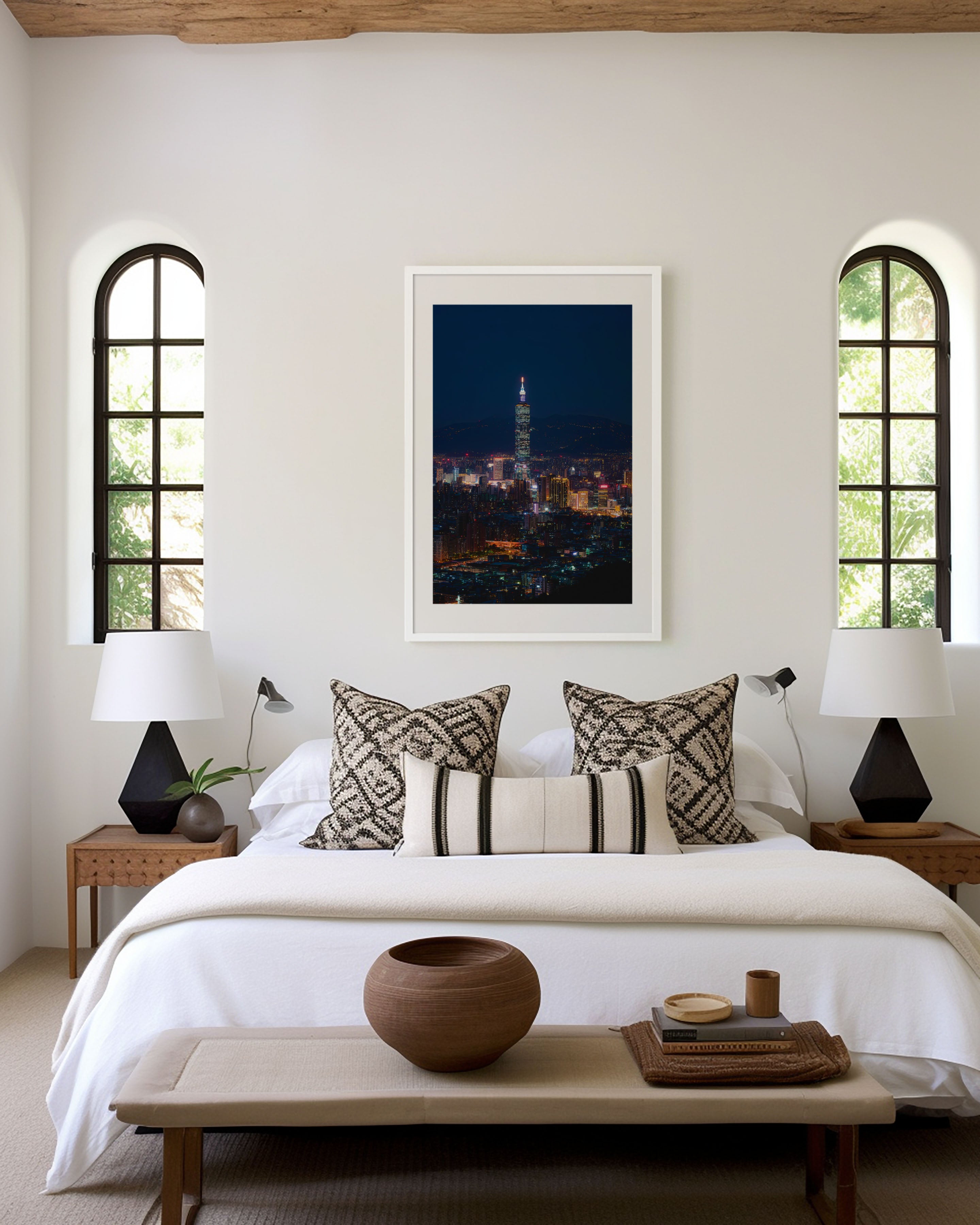 Taipei 101 Night Wall Art | Taipei Taiwan Skyline Mountain Print | City Lights Photography Poster