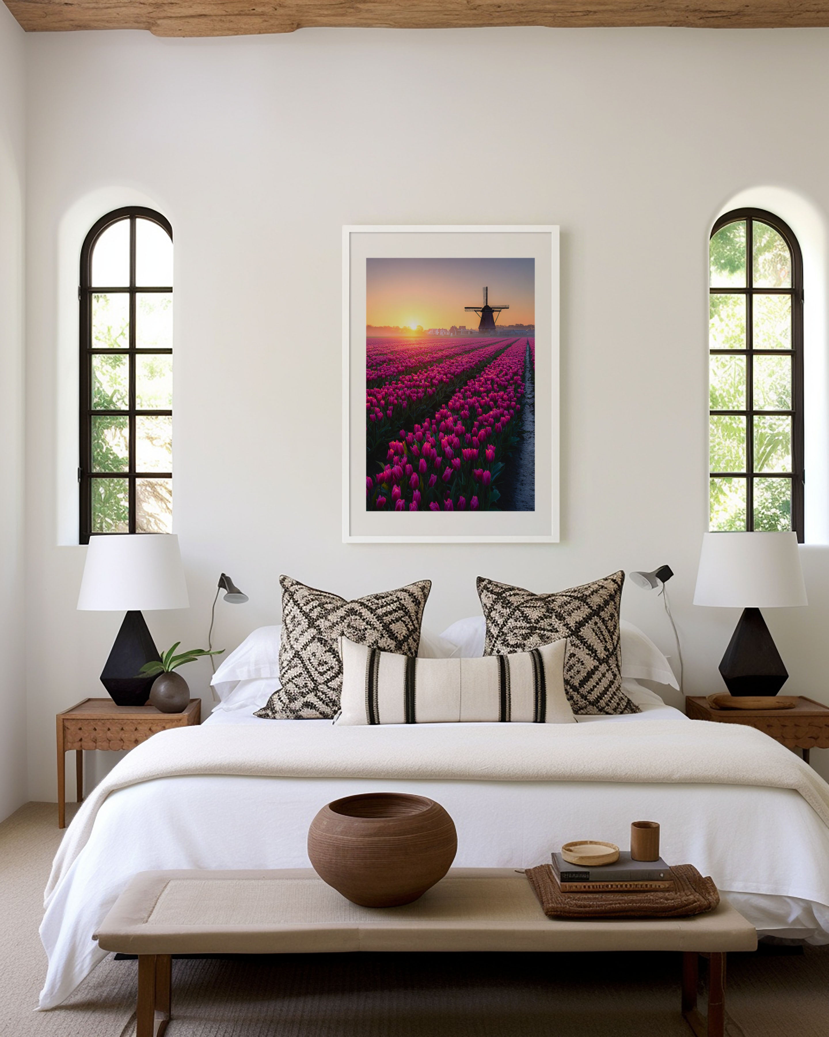 Dutch Tulip Field Windmill Sunrise Print | Netherlands Holland Wall Art | Pink Tulip Field Landscape Photography Poster