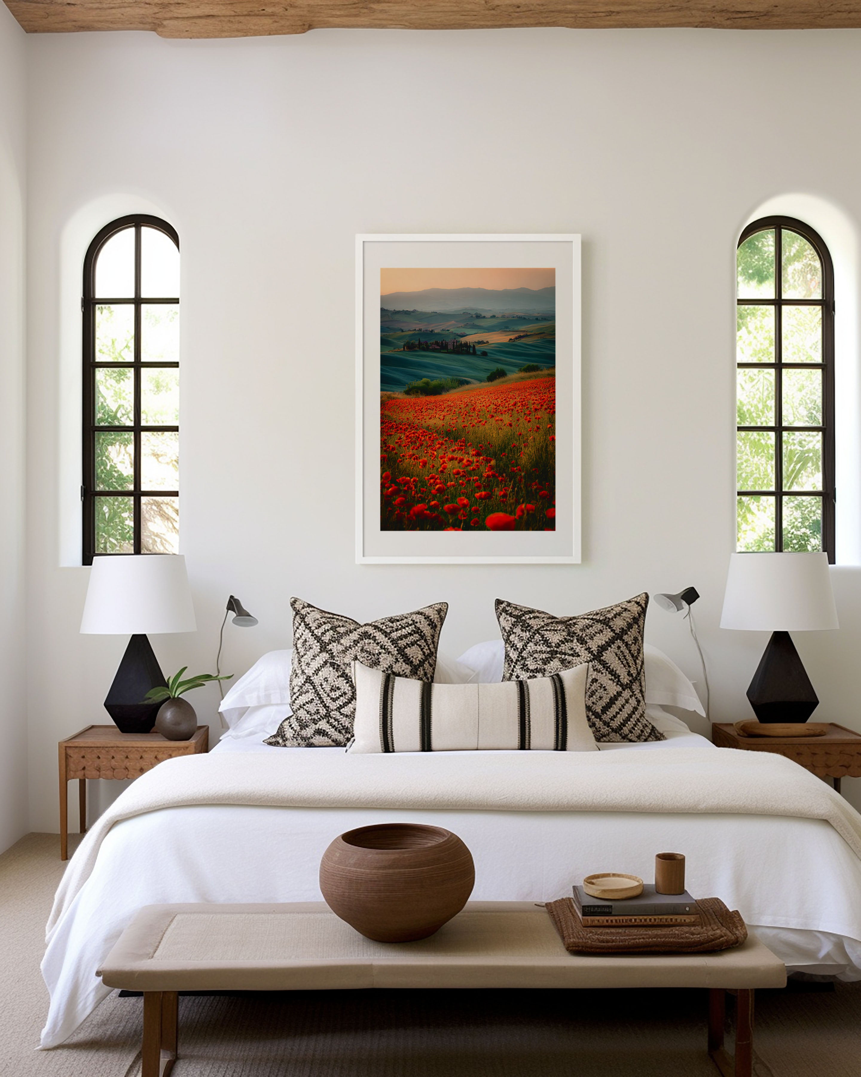 Tuscany Poppy Field Sunrise Wall Art Print | Val d'Orcia Italy Rolling Hills Photography | Red Wildflower Dawn Landscape Poster