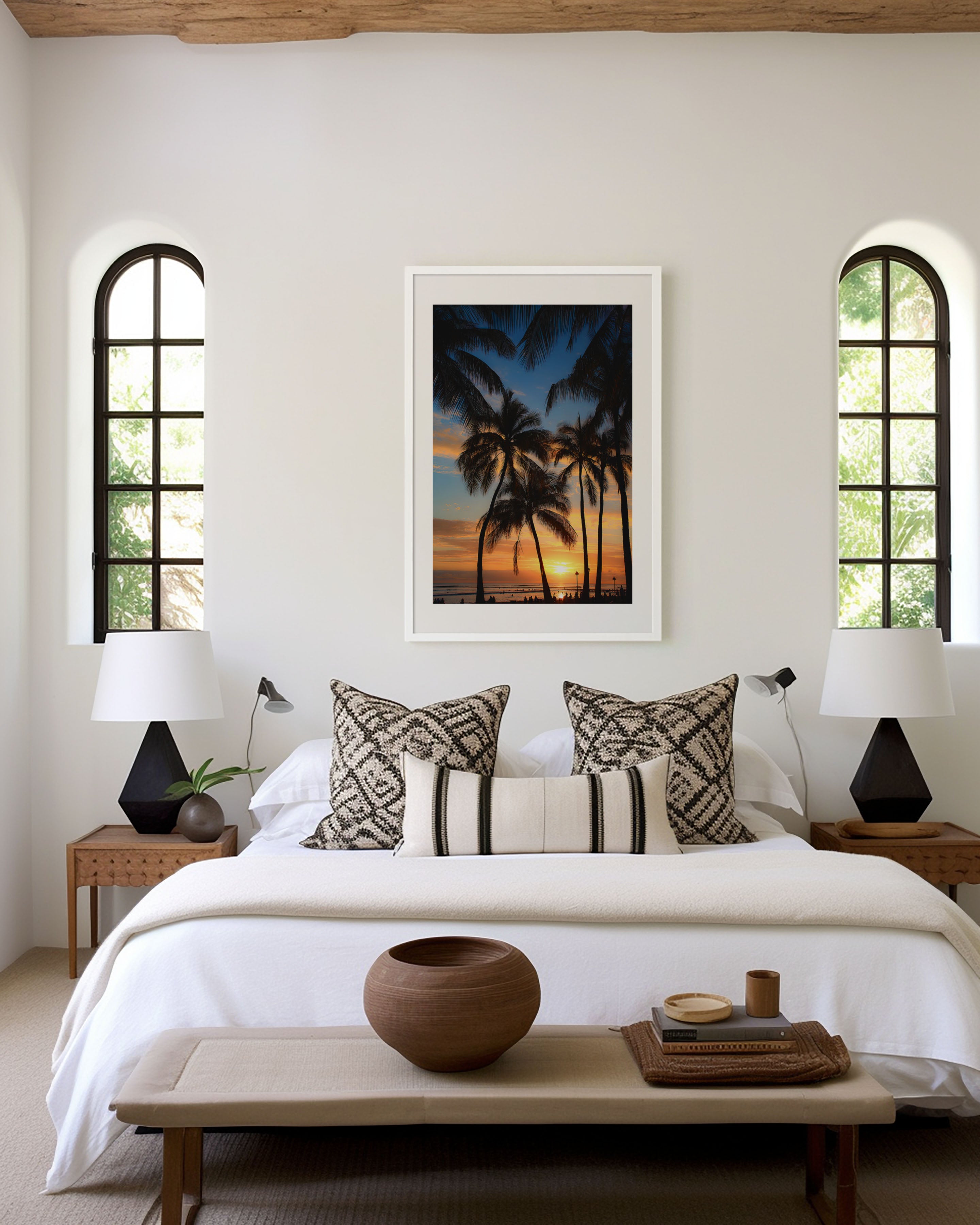 Waikiki Sunset Wall Art Print | Hawaii Palm Tree Photography | Tropical Beach Landscape Poster | Hawaiian Home Decor | Coastal Nature Print