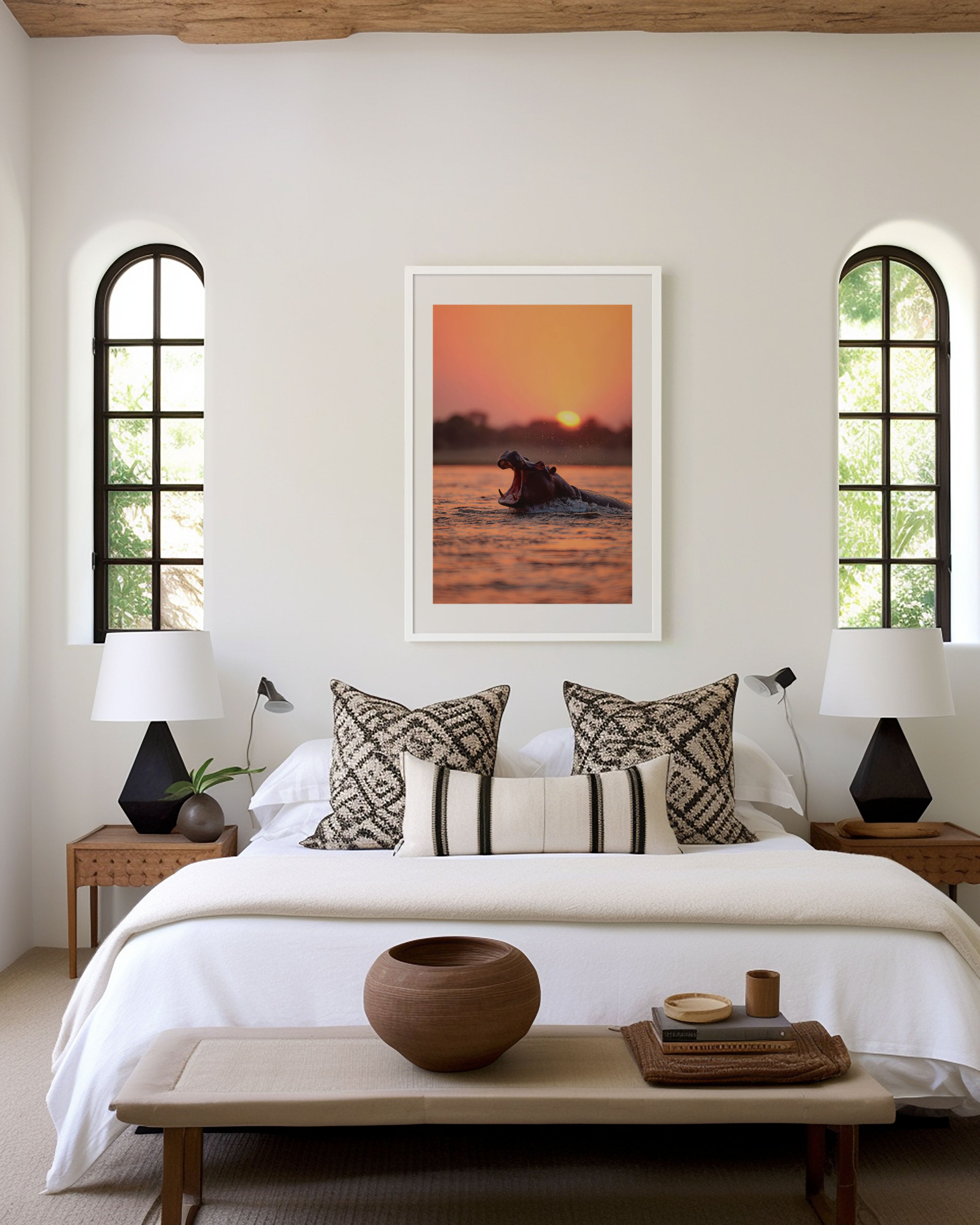 Hippo Sunset Wall Art Print – African Wildlife Canvas, Dramatic River Safari Decor
