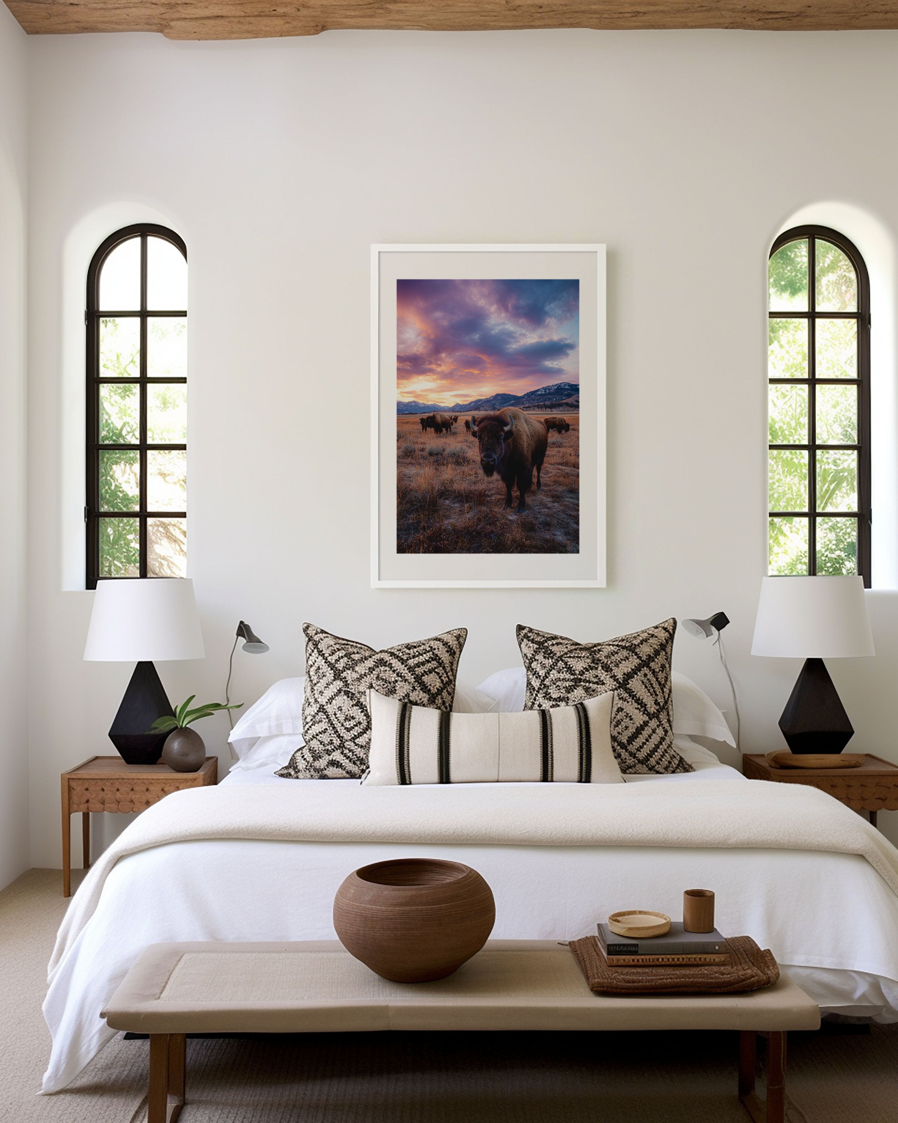 Yellowstone Bison Sunset Wall Art Print – American Wildlife Canvas & Framed Mountain Landscape Decor