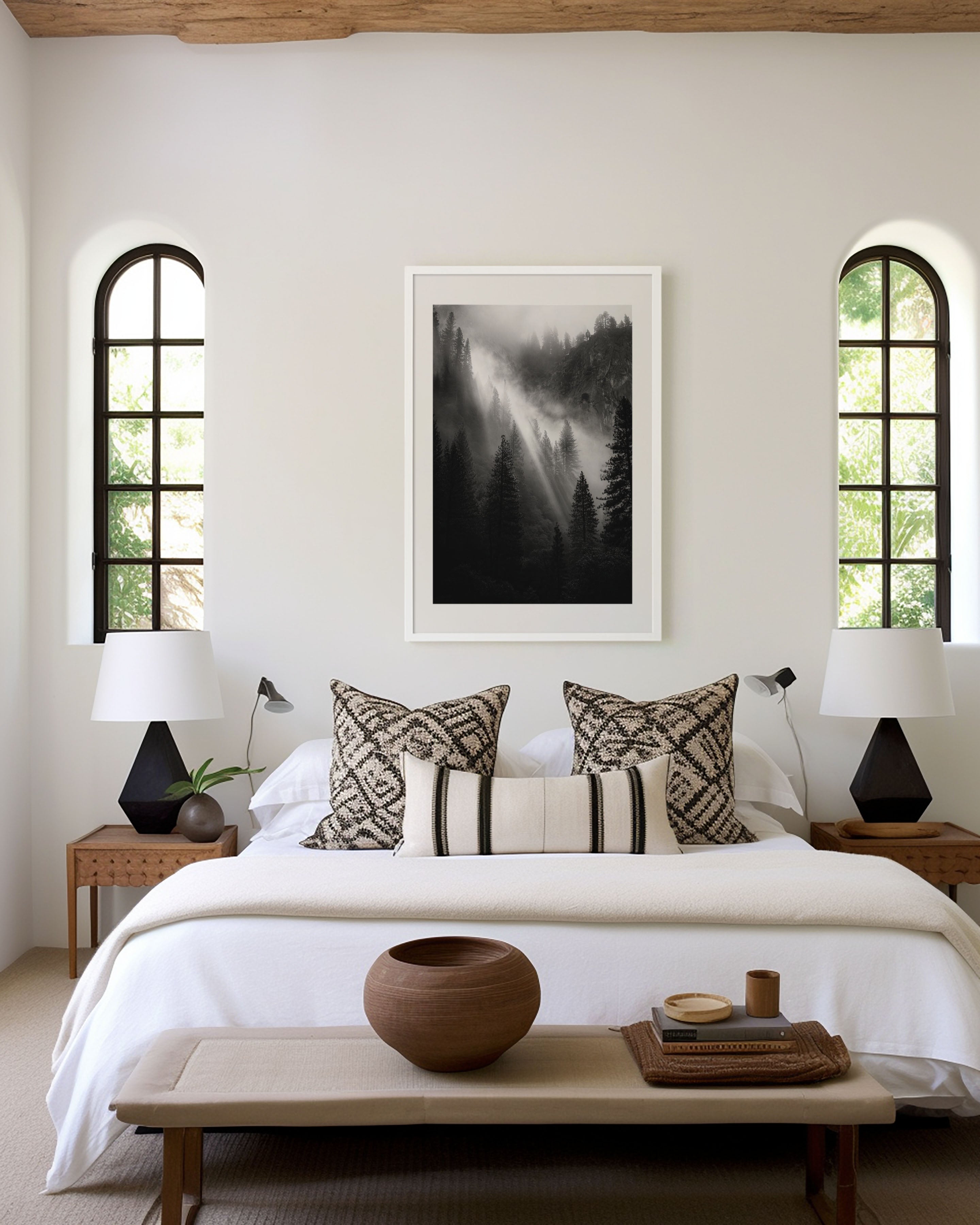 Yosemite Forest Light Rays Wall Art Print | Black & White Fog & Mist Photography | Valley Light Beams Poster | California Nature Print | Moody Forest Home Decor