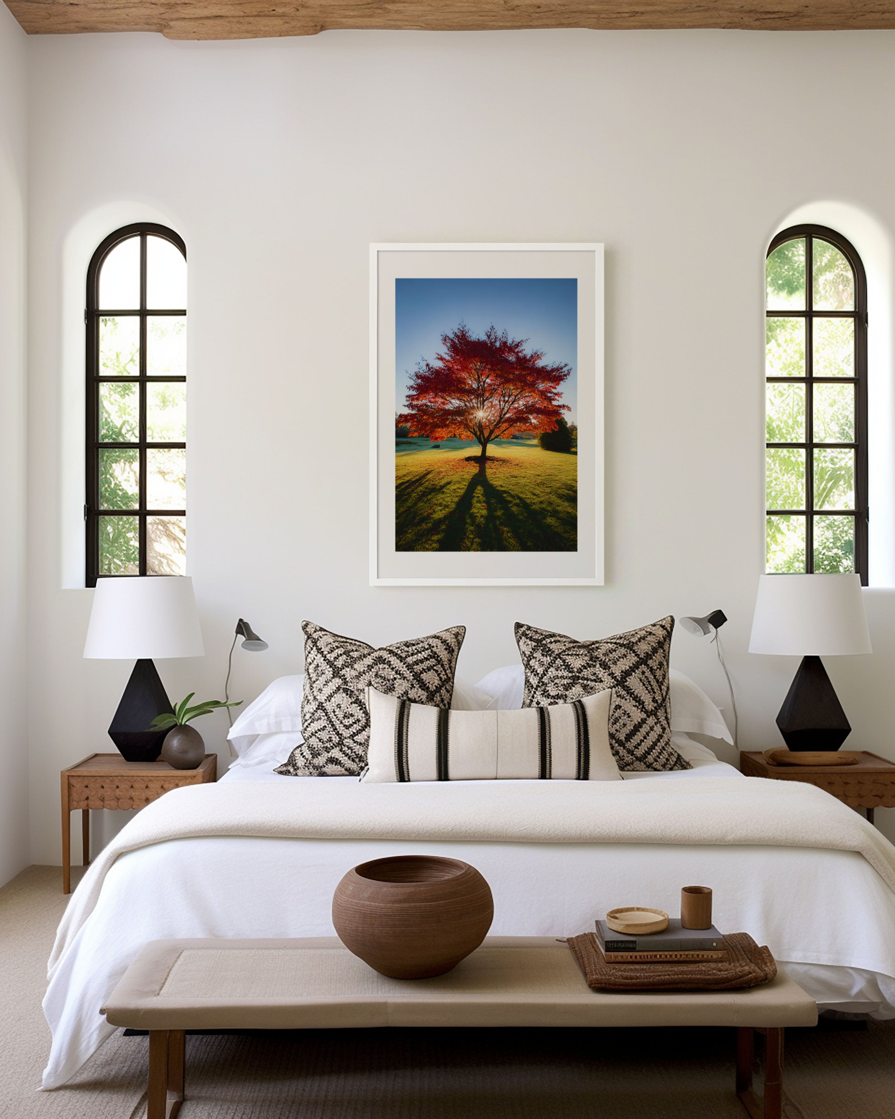 Red Autumn Tree Sunburst Wall Art Print | English Countryside Fall Foliage Photography | Lone Tree Morning Light Poster